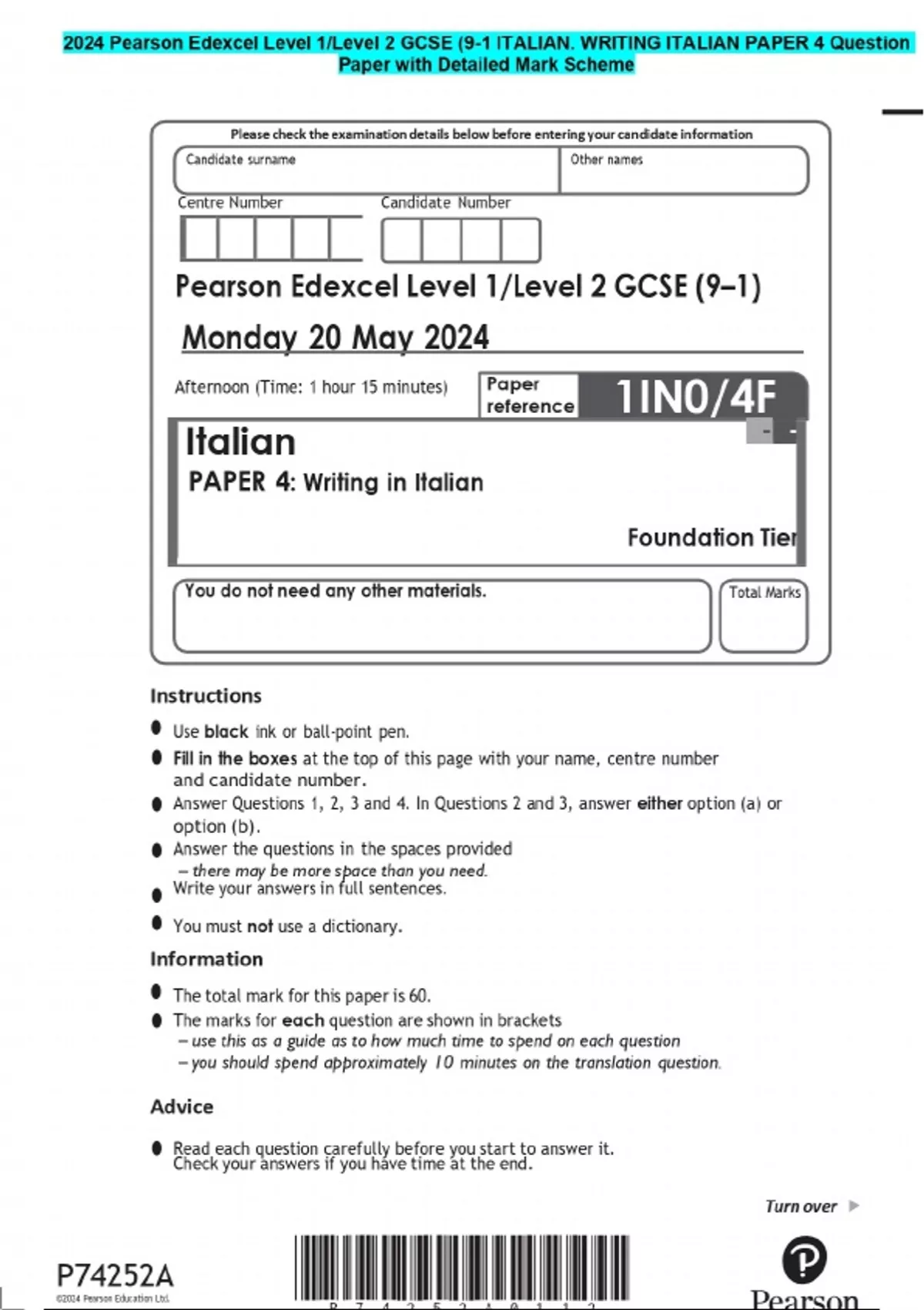 2024 Pearson Edexcel Level 1/Level 2 GCSE (9-1 ITALIAN. WRITING ITALIAN ...