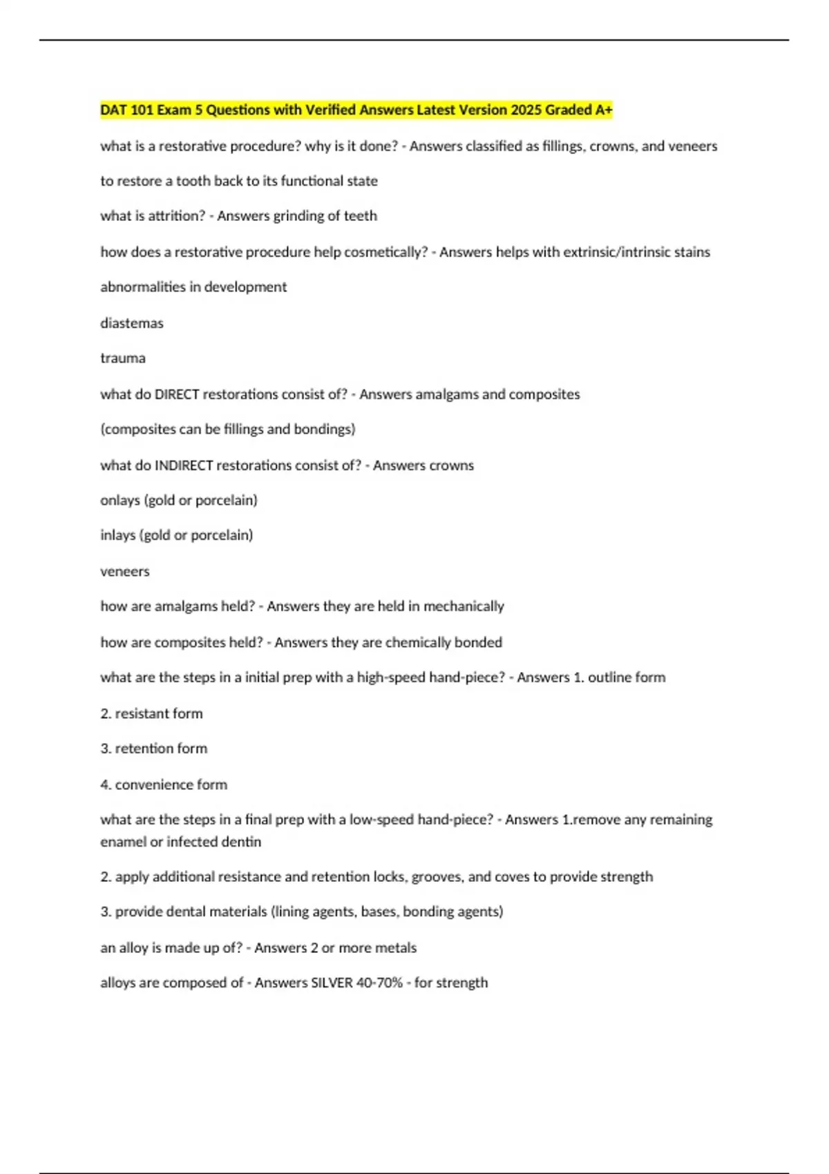 DAT 101 Exam 5 Questions with Verified Answers Latest Version 2025 ...