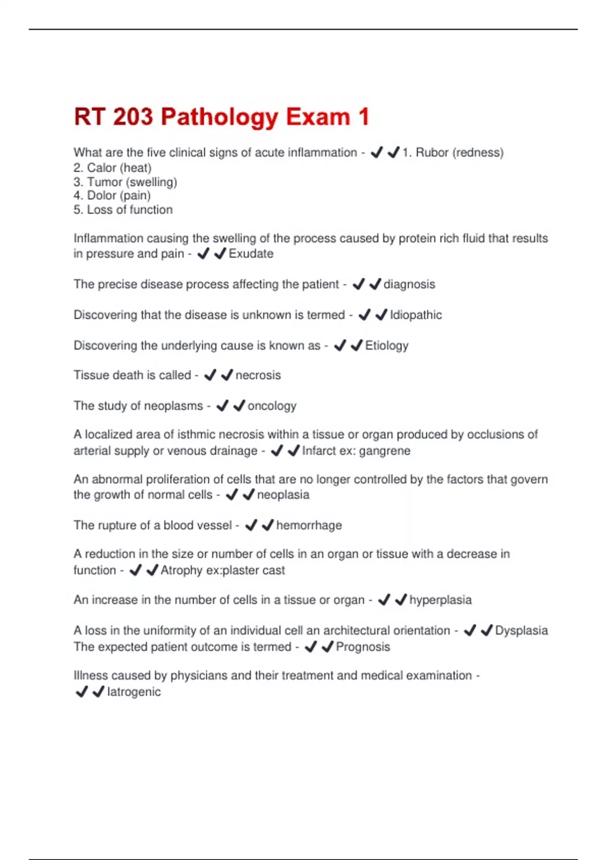 RT 203 Pathology Exam 1 Questions and Answers Fully Solved 100% - RT ...