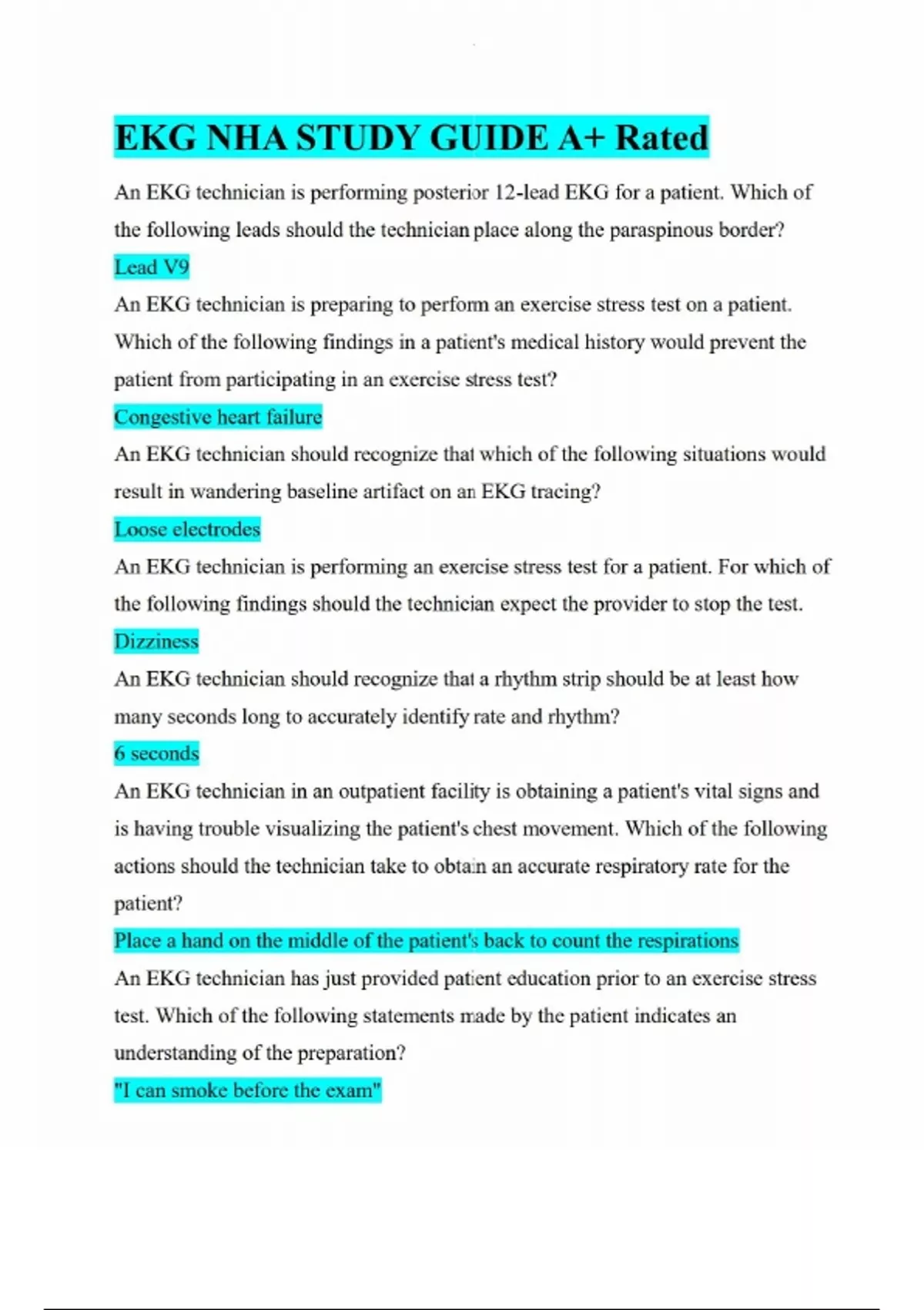 EKG NHA STUDY GUIDE A+ Rated - Ekg - Stuvia US