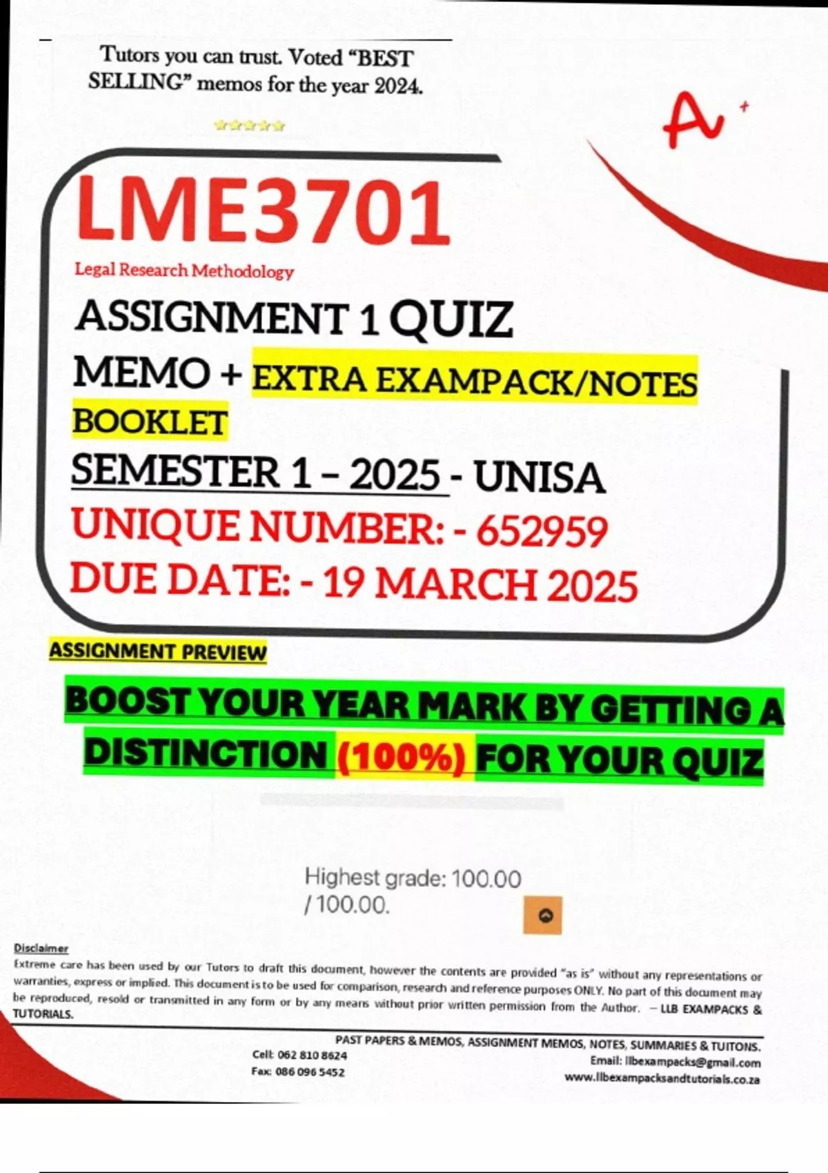 LME3701 ASSIGNMENT 1 QUIZ MEMO - SEMESTER 1 - 2025 - UNISA – DUE DATE ...