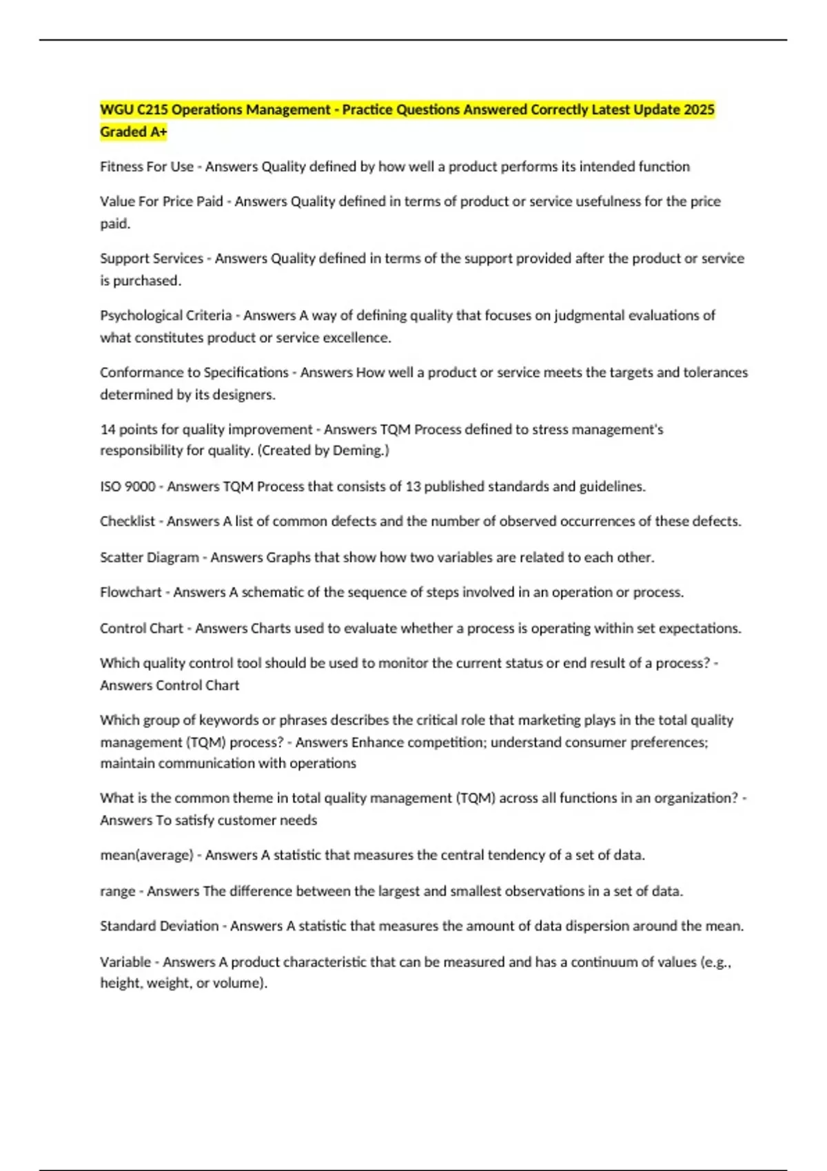 Wgu C215 Operations Management Practice Questions Answered Correctly