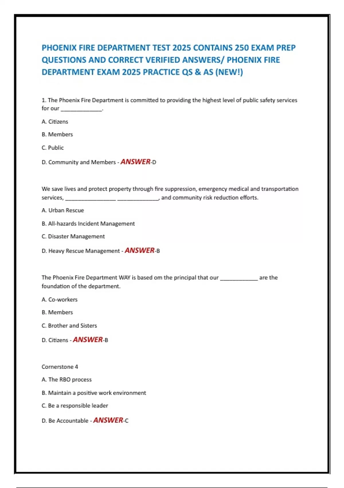 PHOENIX FIRE DEPARTMENT TEST 2025 CONTAINS 250 EXAM PREP QUESTIONS AND ...