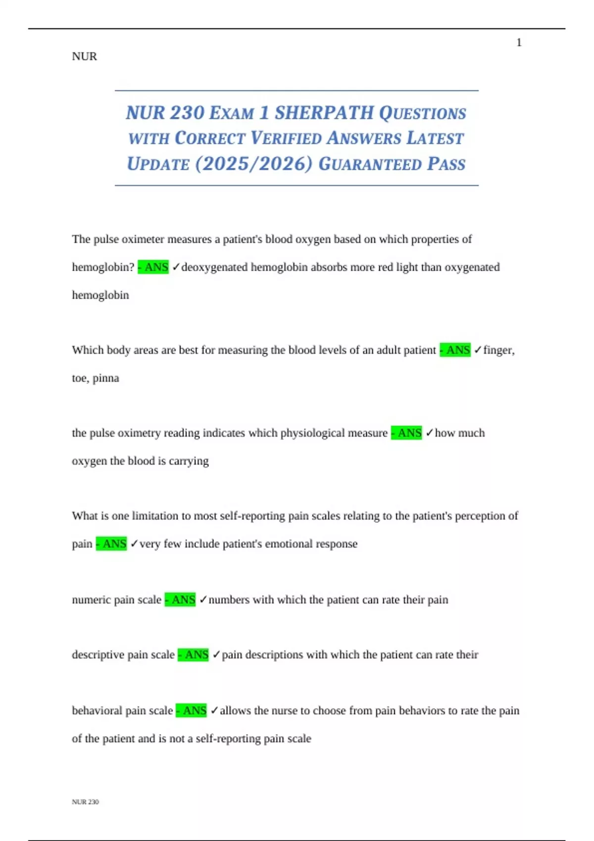 NUR 230 EXAM 1 SHERPATH QUESTIONS WITH CORRECT VERIFIED ANSWERS LATEST ...