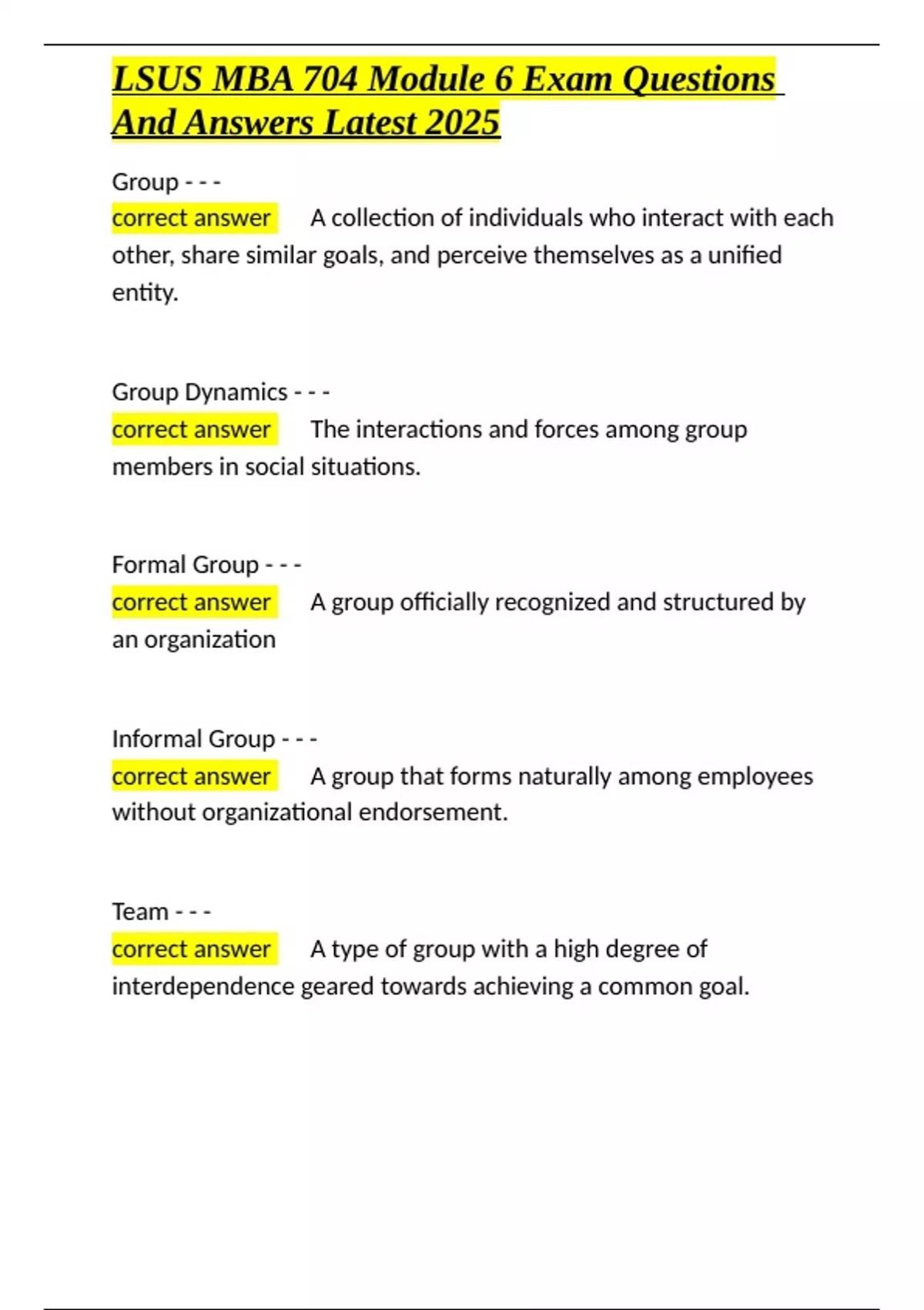 Lsus Mba 704 Module 6 Exam Questions And Answers Latest 2025 Docx Mba