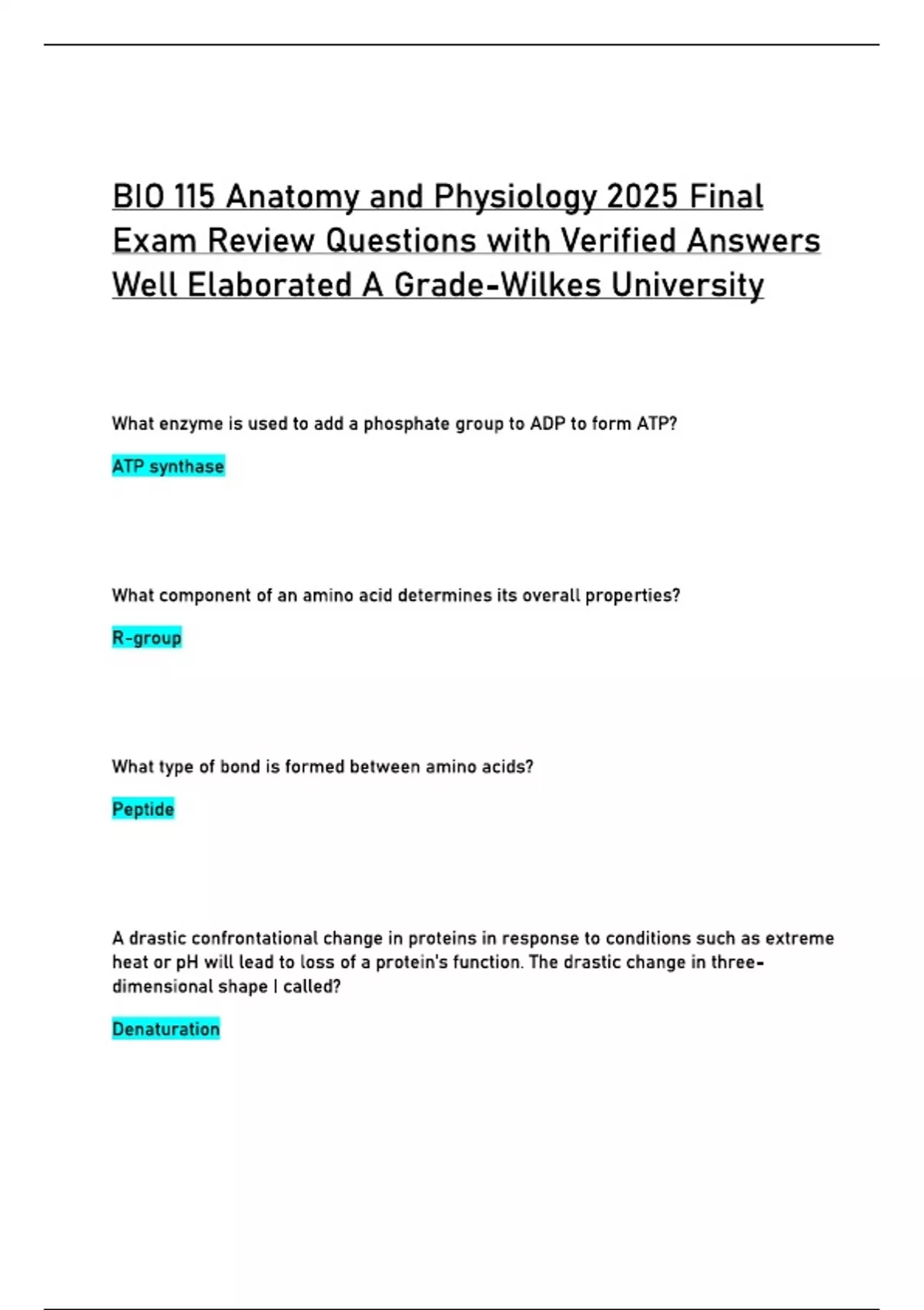 BIO 115 Anatomy and Physiology 2025 Final Exam Review Questions with ...