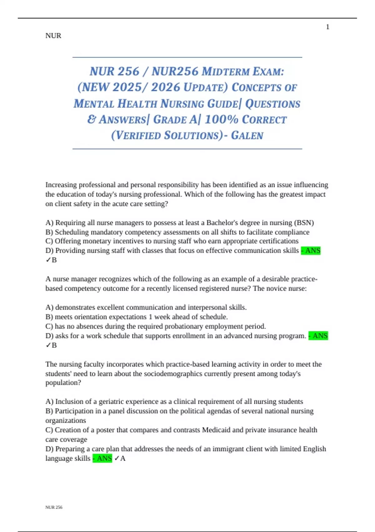 NUR 256 / NUR256 – 2025/2026 – Midterm Exam Concepts of Mental Health ...