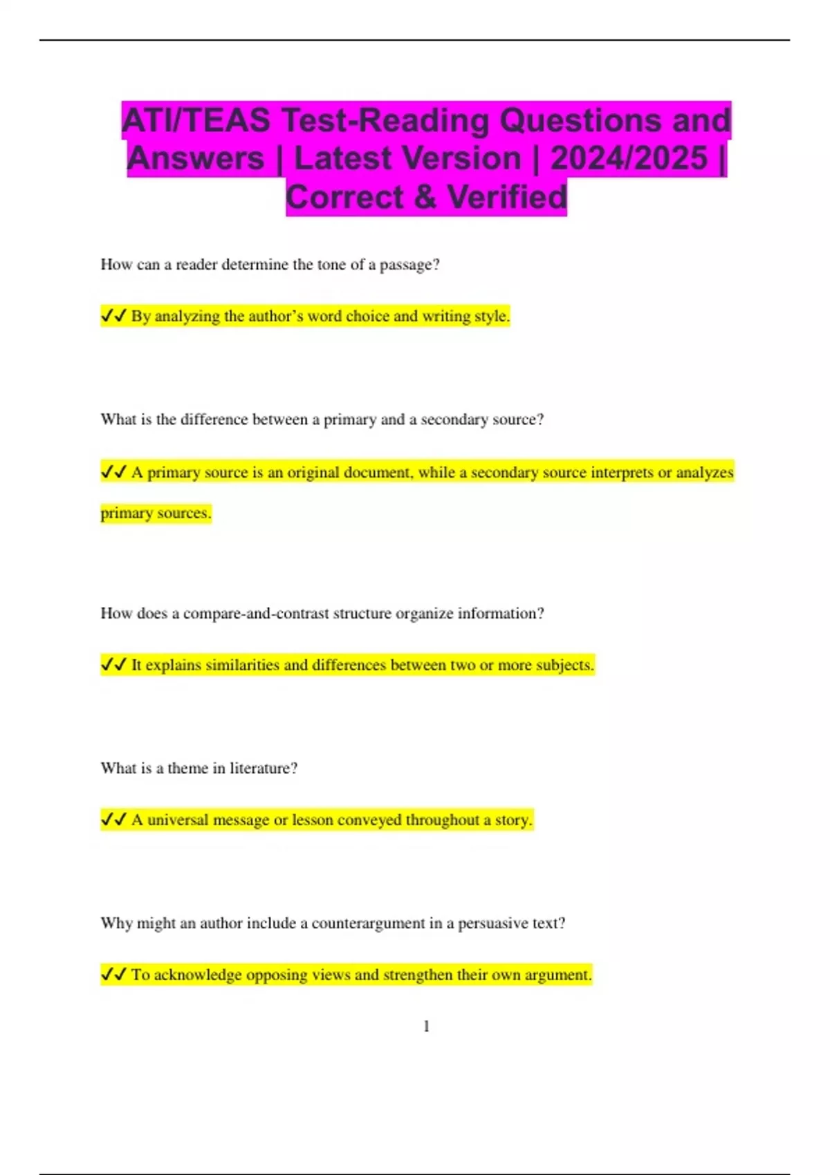 ATI/TEAS Test-Reading Questions and Answers | Latest Version | 2024/ ...