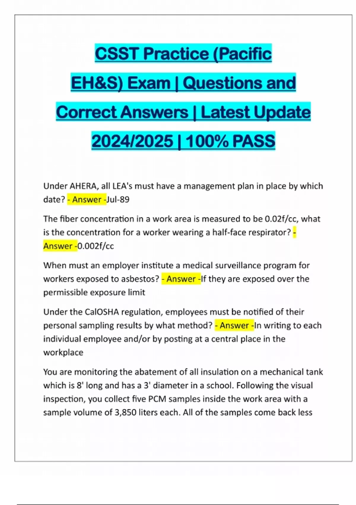 CSST Practice (Pacific EH&S) Exam | Questions and Correct Answers ...