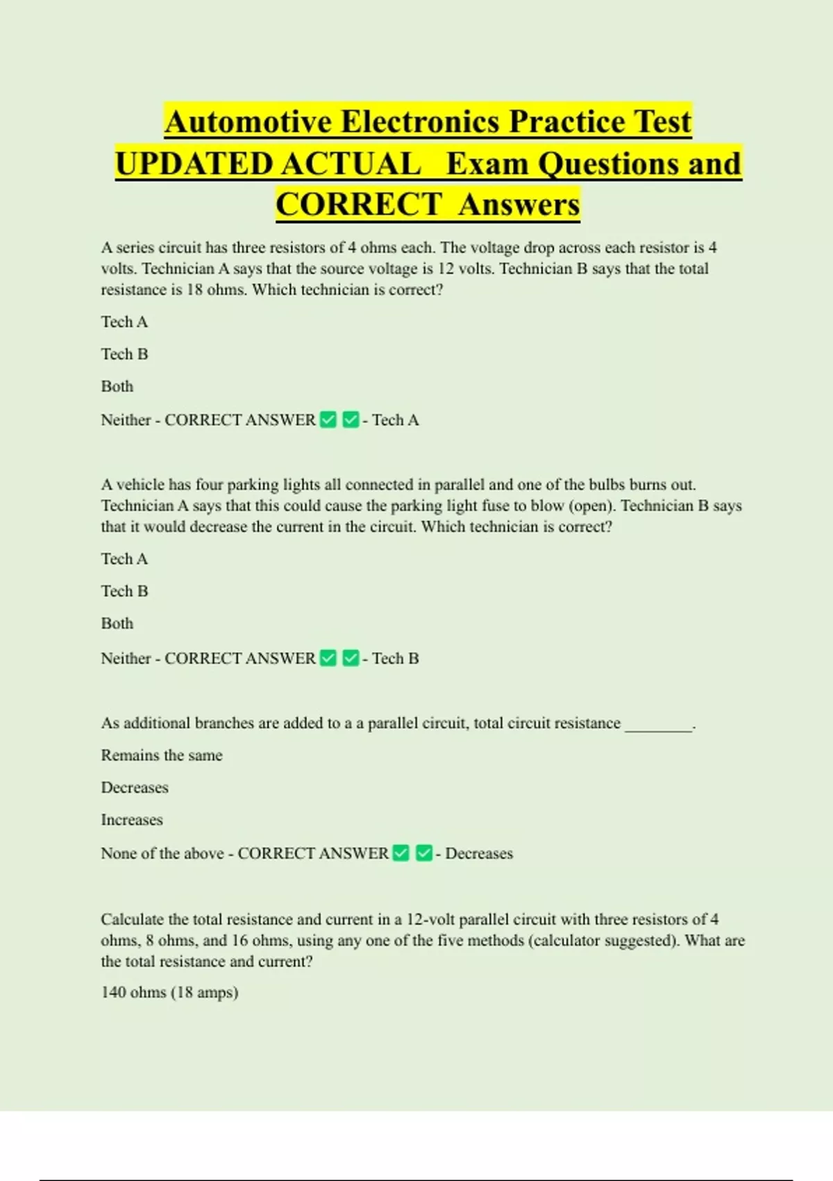 Automotive Electronics Practice Test UPDATED ACTUAL Exam Questions and ...