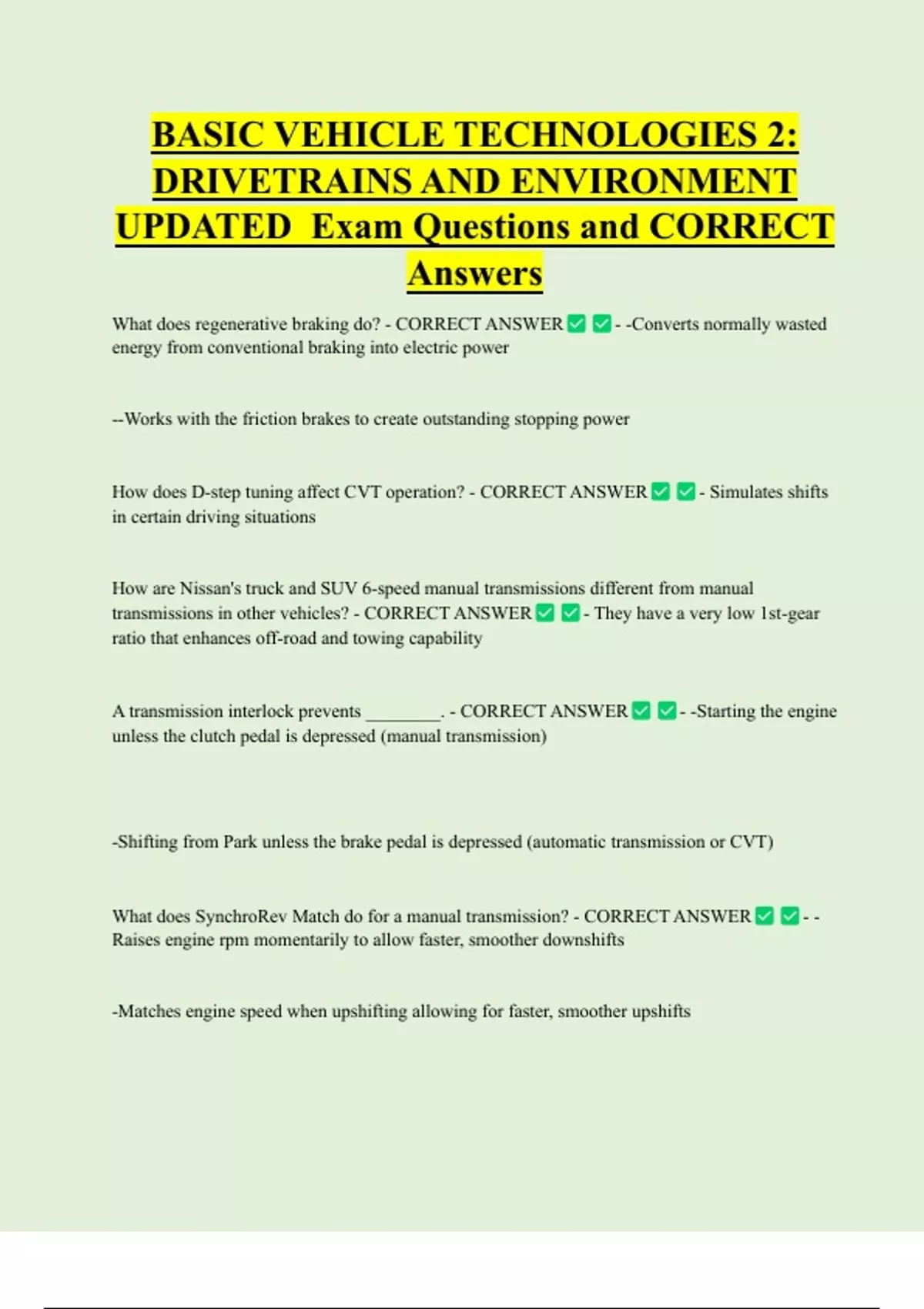 BASIC VEHICLE TECHNOLOGIES 2: DRIVETRAINS AND ENVIRONMENT UPDATED Exam ...