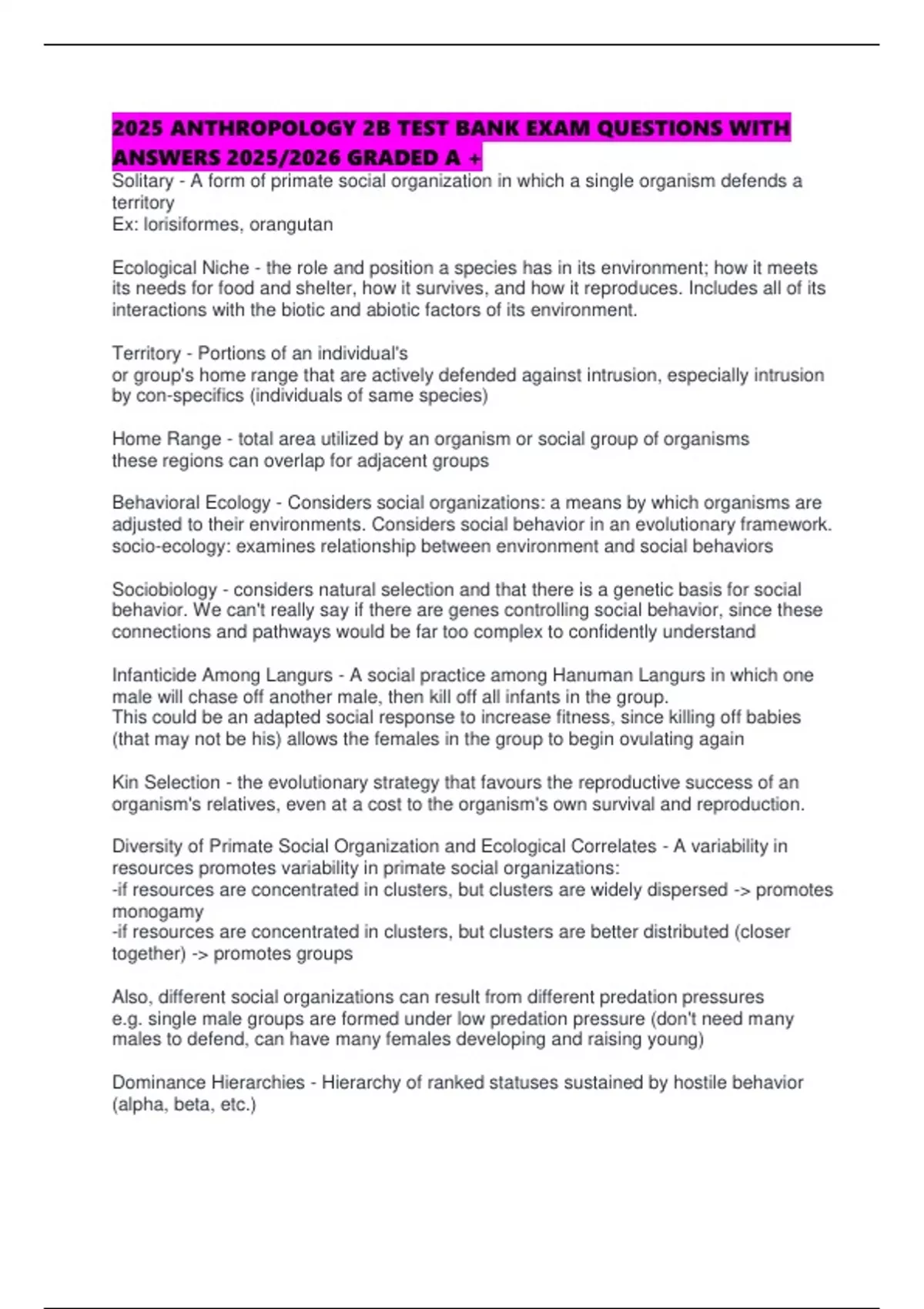 2025 ANTHROPOLOGY 2B TEST BANK EXAM QUESTIONS WITH ANSWERS 2025/2026 ...