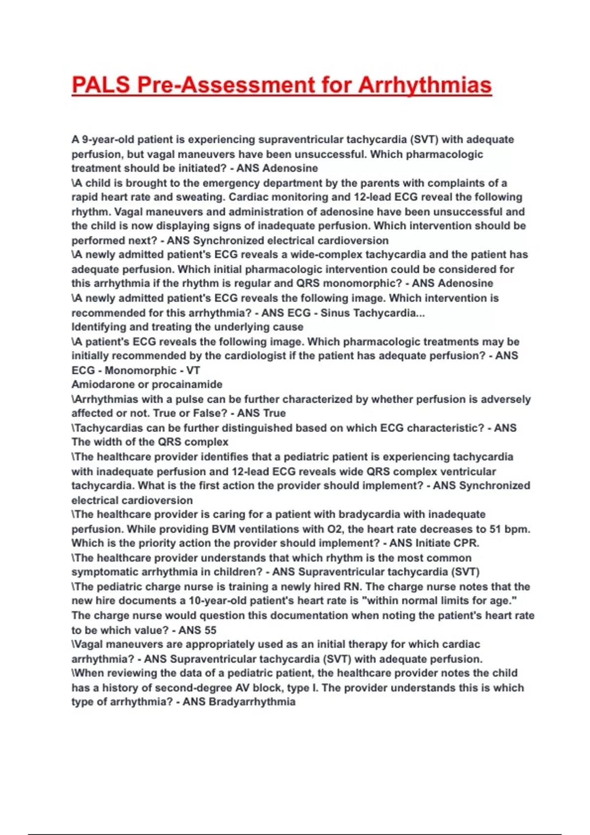 PALS Pre-Assessment for Arrhythmias Exam 2025/2026 Questions With ...