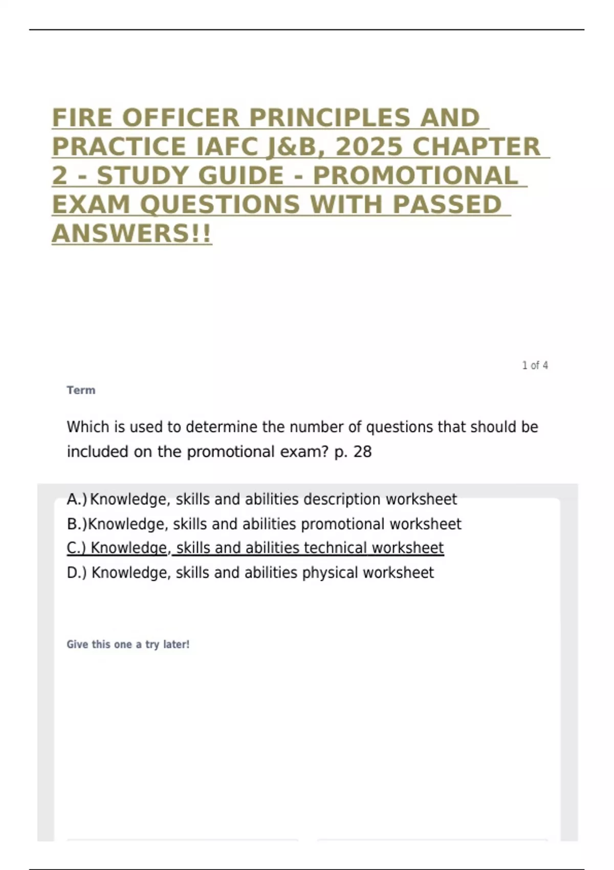 FIRE OFFICER PRINCIPLES AND PRACTICE IAFC J&amp;B, 2025 CHAPTER 2 - STUDY GUIDE - PROMOTIONAL EXAM ...
