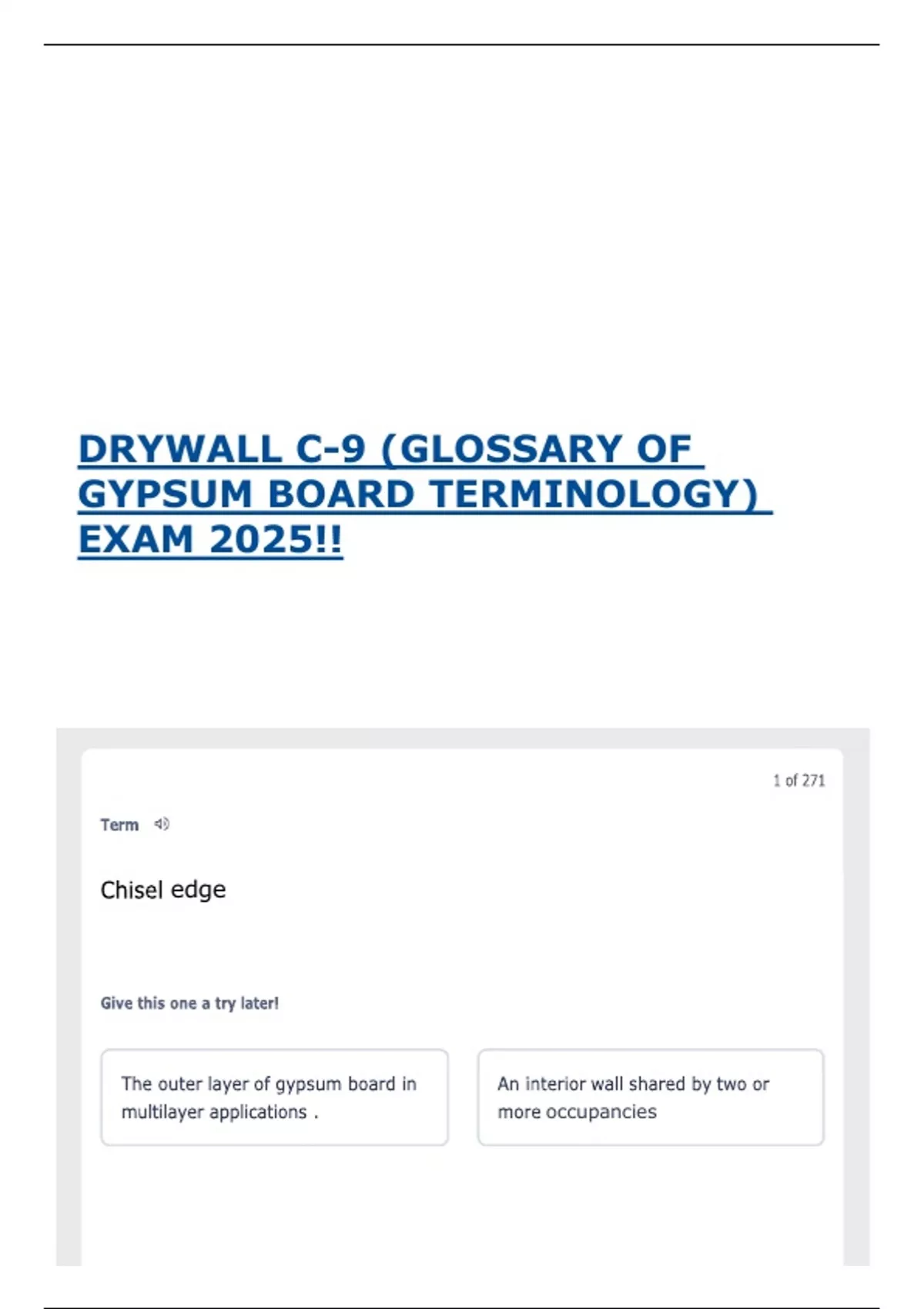 DRYWALL C-9 (GLOSSARY OF GYPSUM BOARD TERMINOLOGY) EXAM 2025!! - C9 ...