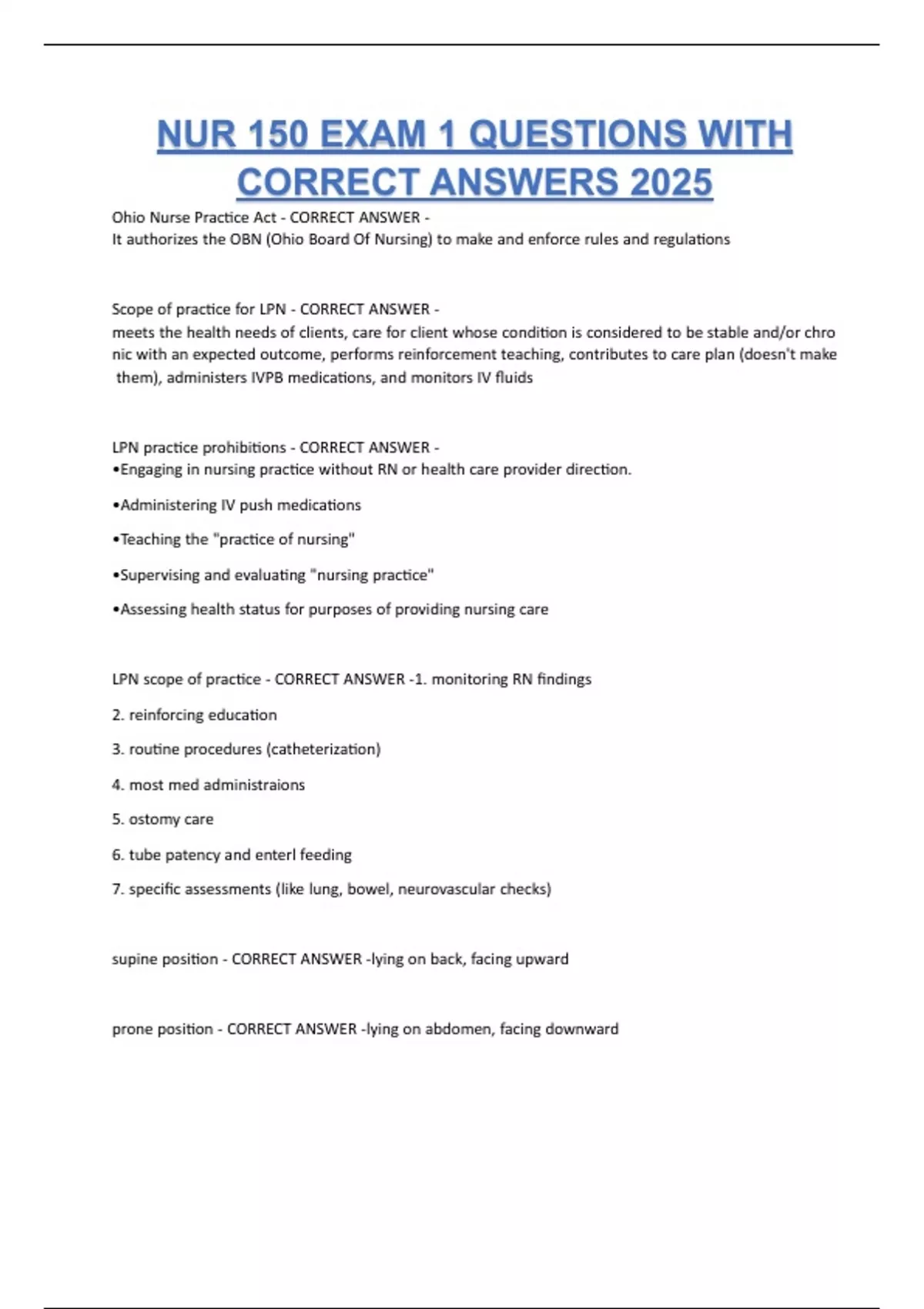 NUR 150 EXAM 1 QUESTIONS WITH CORRECT ANSWERS 2025 - NUR 150 - Stuvia US
