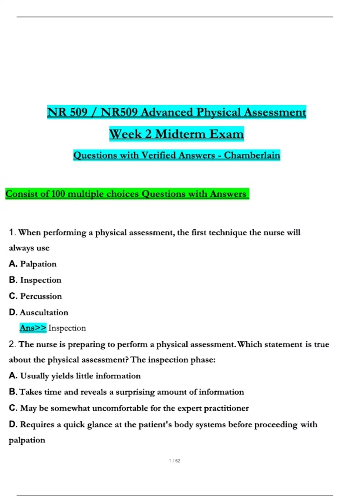 NR 509 / NR509 Advanced Physical Assessment Week 2 Midterm Exam (Latest ...