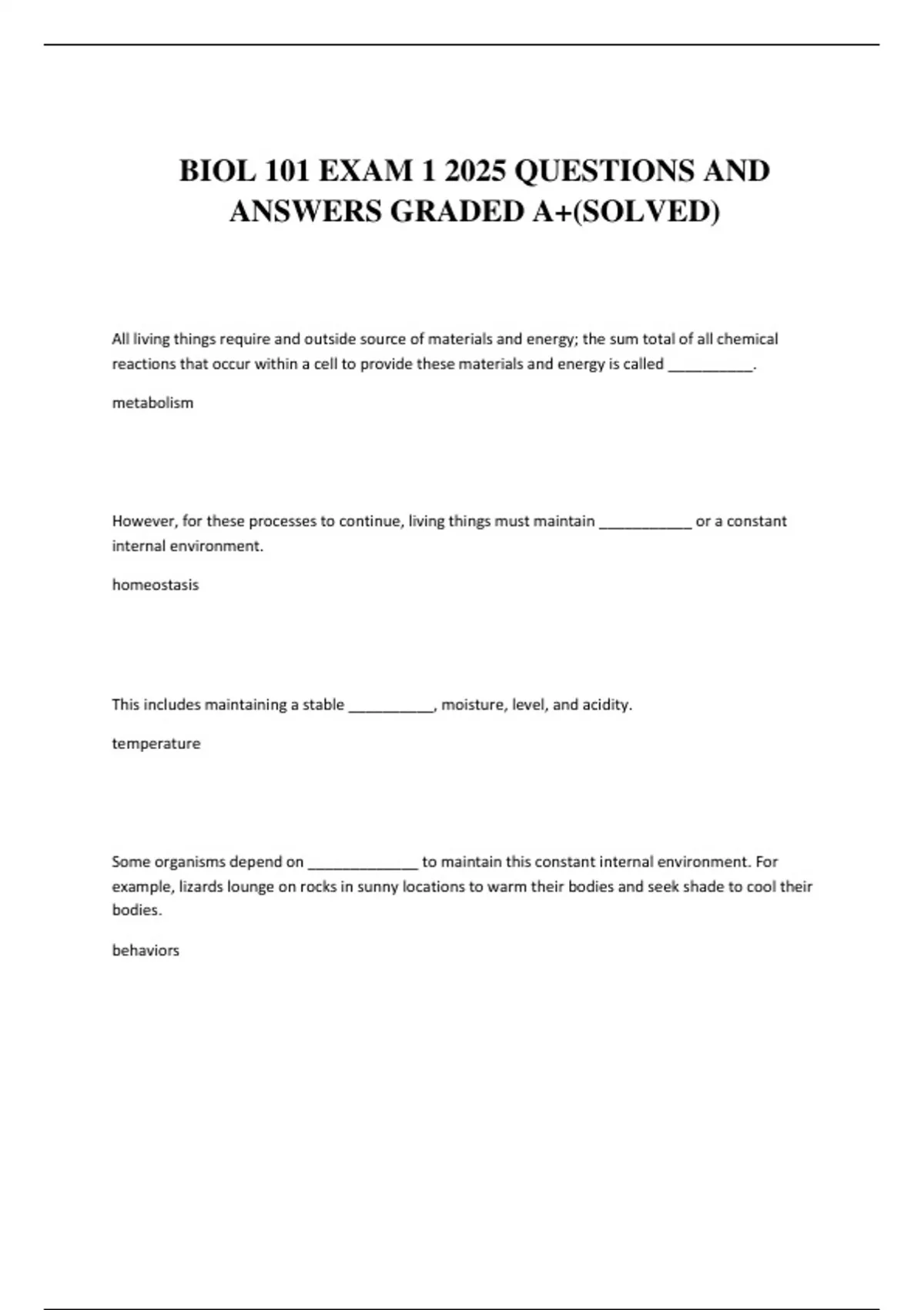 BIOL 101 FINAL EXAM 2025 STUDY QUESTIONS AND ANSWERS GRADED A+(SOLVED ...