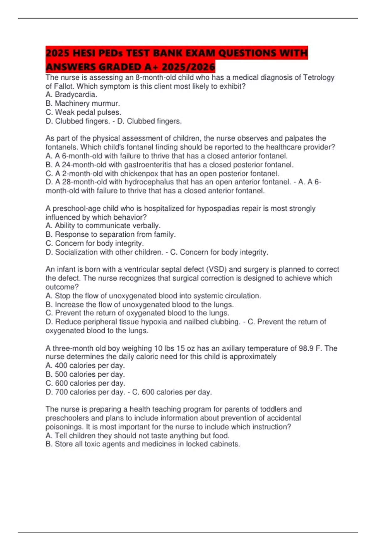 2025 HESI PEDs TEST BANK EXAM QUESTIONS WITH ANSWERS GRADED A+ 2025/ ...