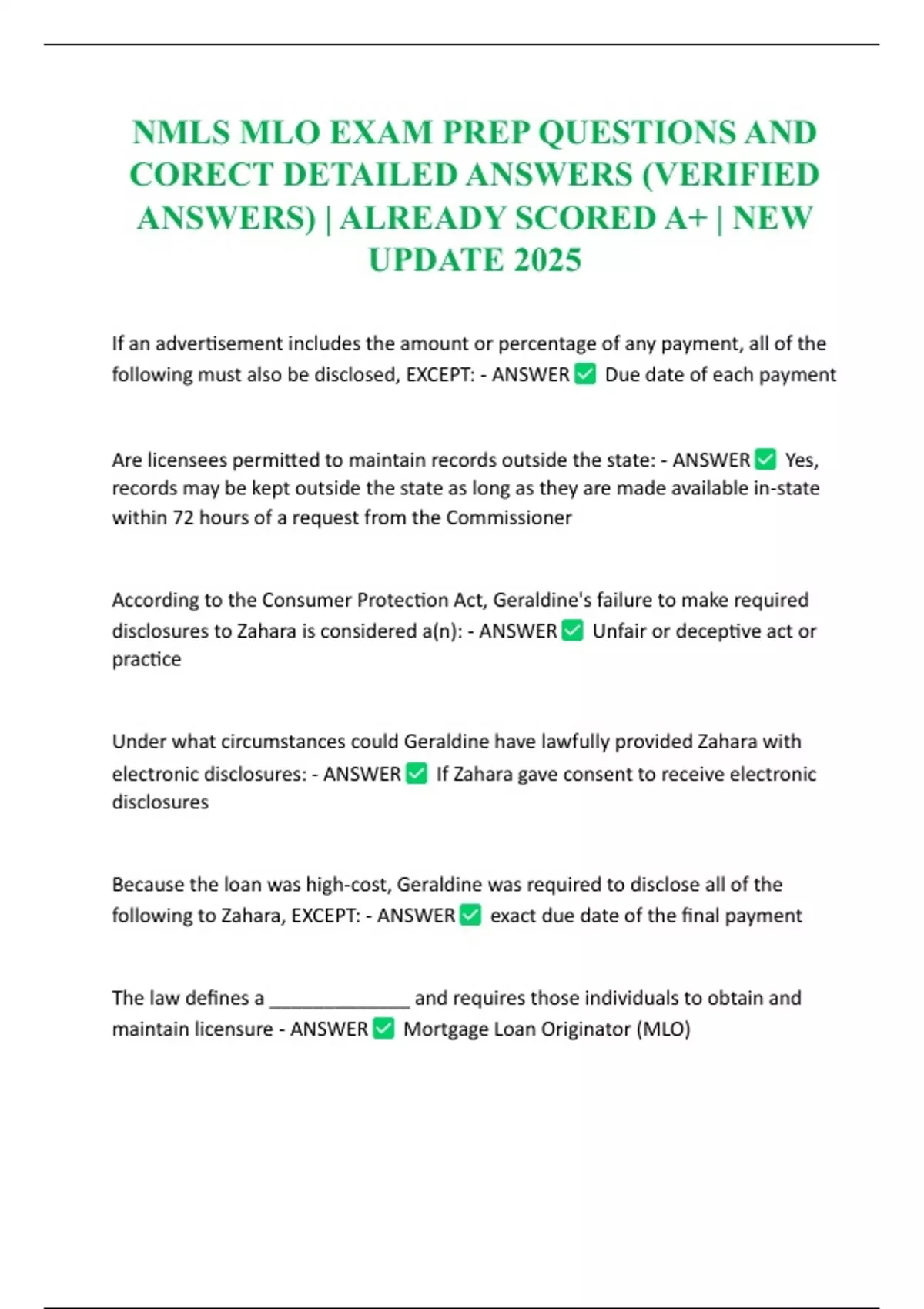 Njml Questions NMLS MLO EXAM PREP QUESTIONS AND CORECT DETAILED ANSWERS (VERIFIED ...