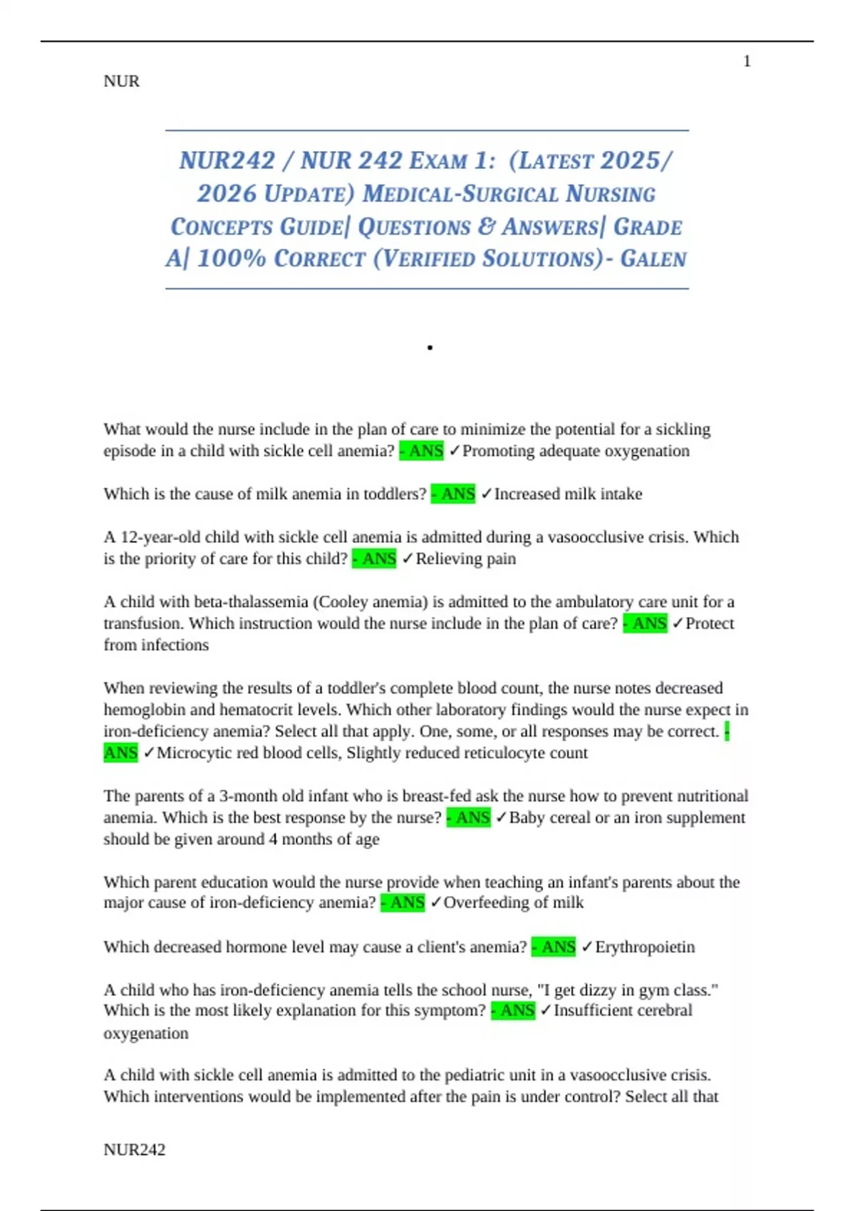 NUR242 / NUR 242 EXAM 1 COMPILATIONs: (LATEST 2025/ 2026 UPDATE) E ...