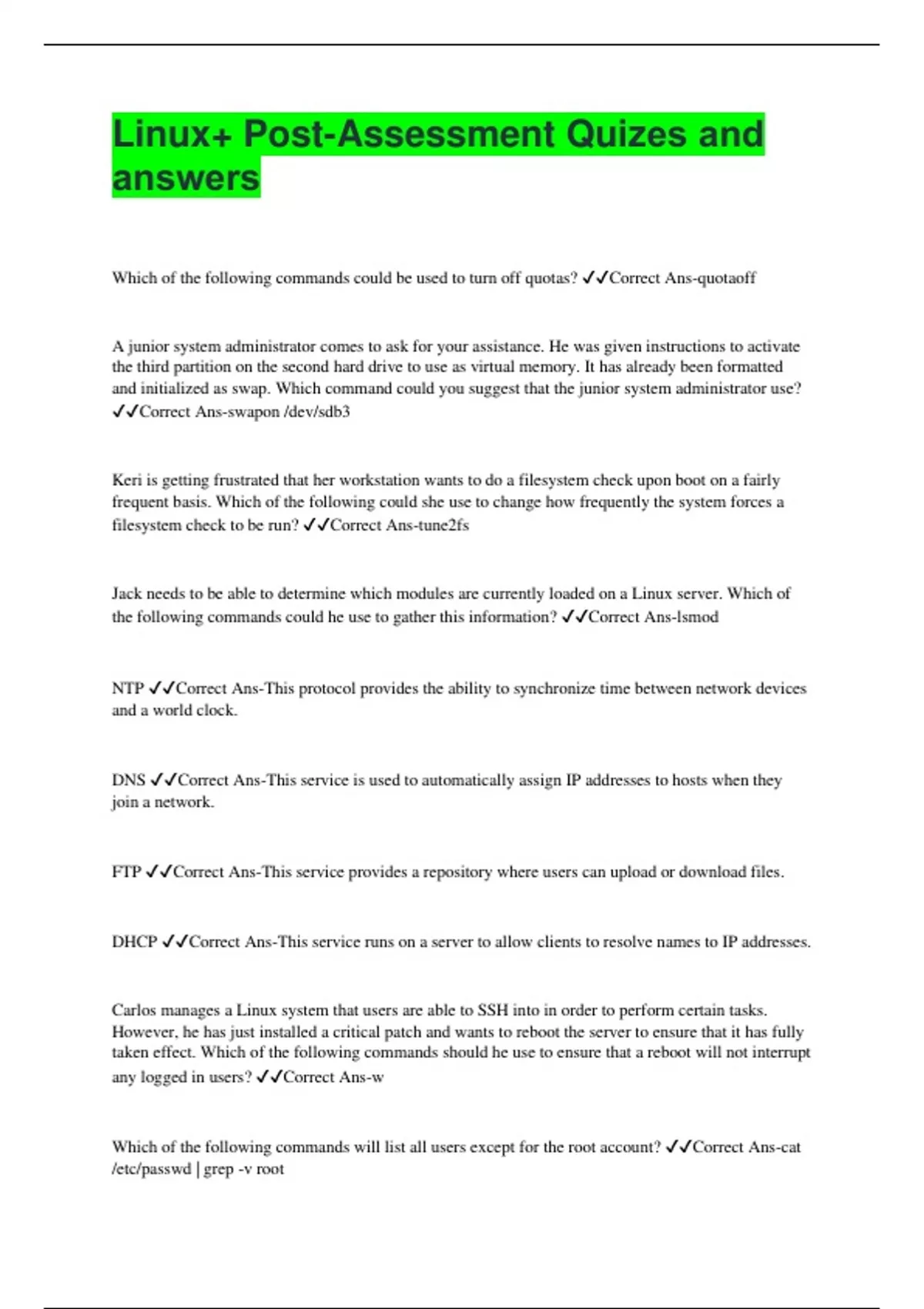 Linux+ Post-Assessment Quizes and answers - Linux - Stuvia US