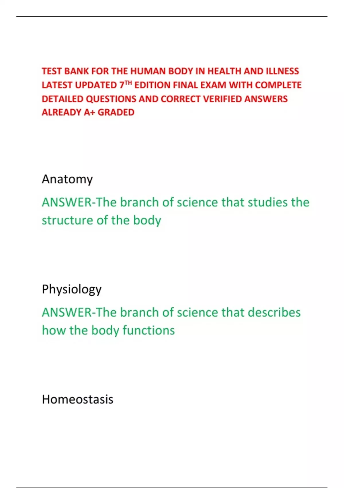 TEST BANK FOR THE HUMAN BODY IN HEALTH AND ILLNESS LATEST UPDATED 7TH ...