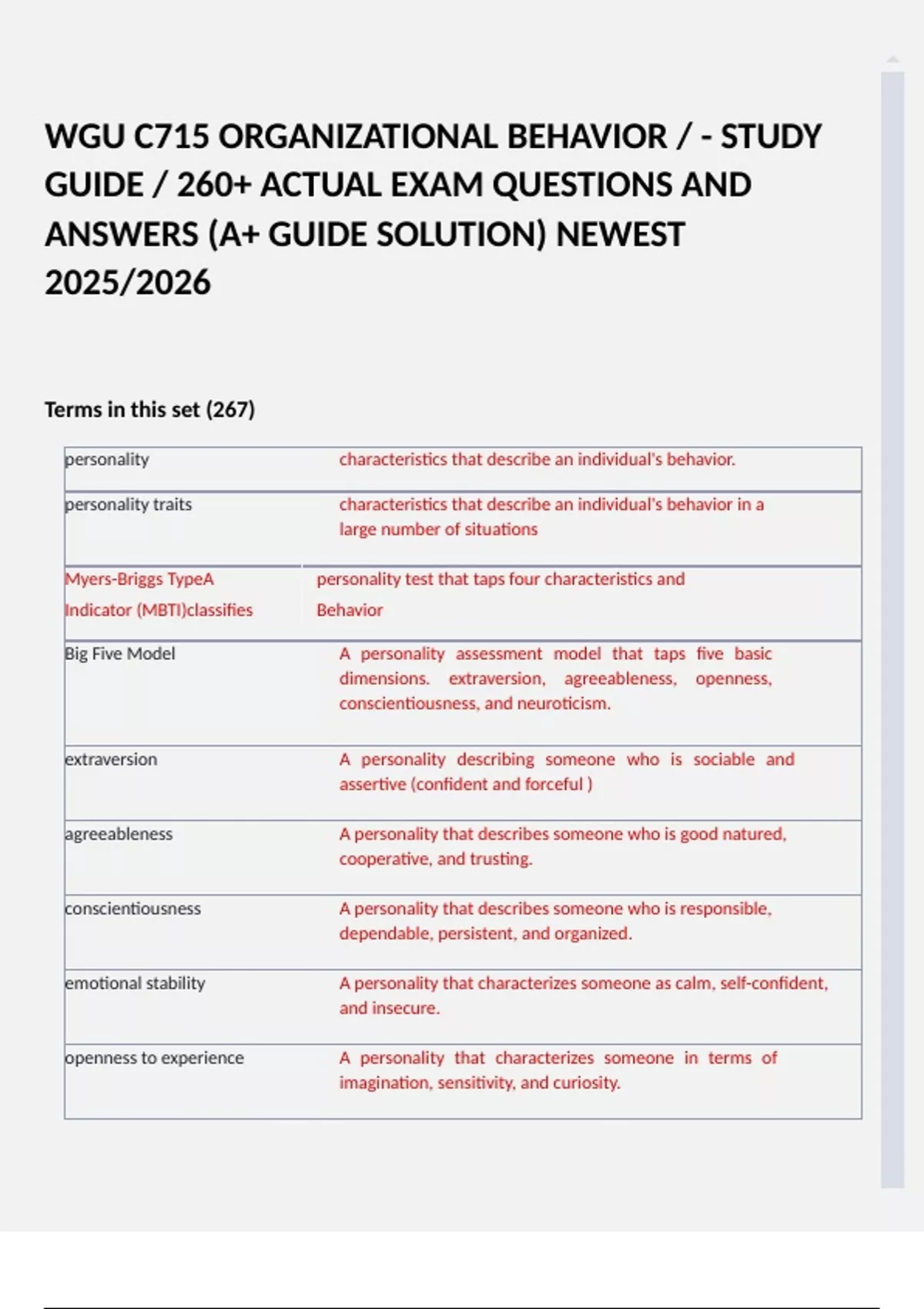 WGU C715 ORGANIZATIONAL BEHAVIOR / - STUDY GUIDE / 260+ ACTUAL EXAM ...
