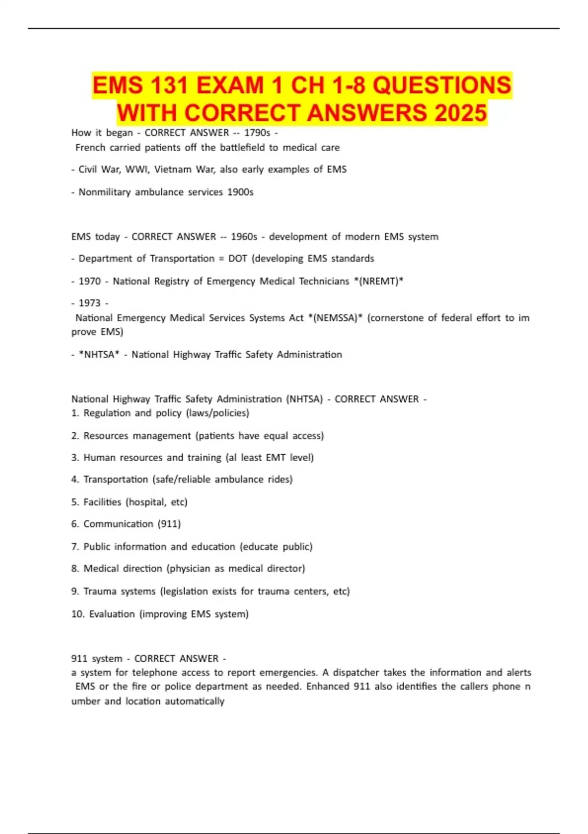 EMS 131 EXAM 1 CH 1-8 QUESTIONS WITH CORRECT ANSWERS 2025 - EMS 131 ...