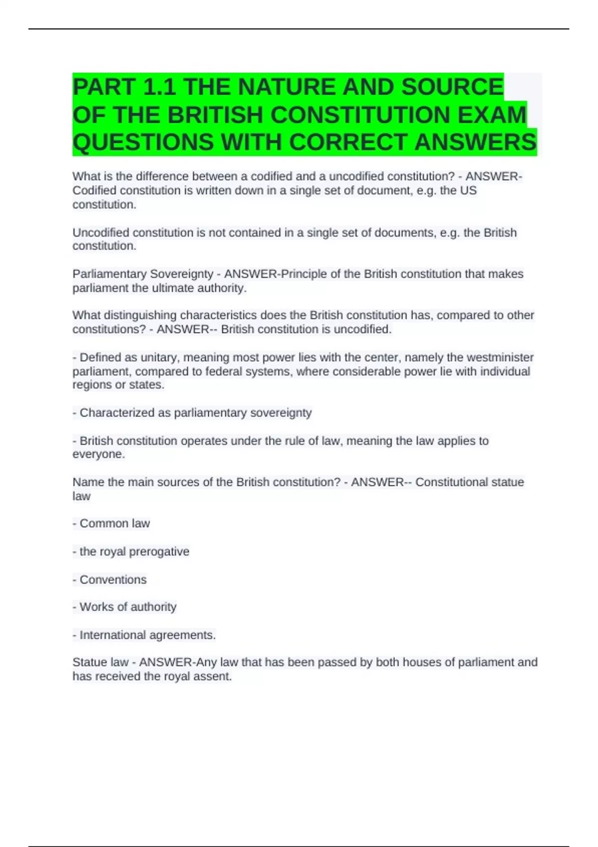 PART 1.1 THE NATURE AND SOURCE OF THE BRITISH CONSTITUTION EXAM ...
