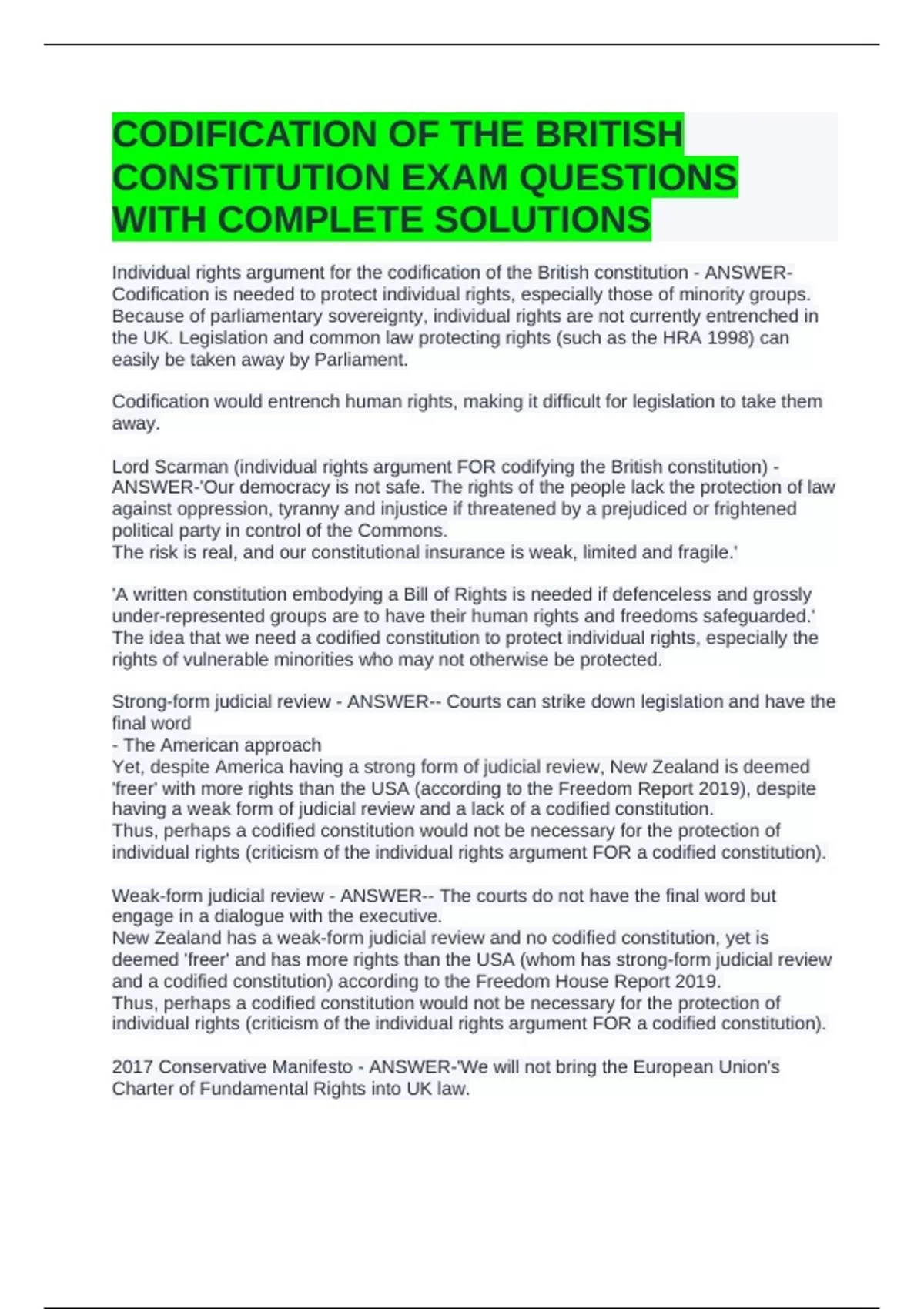 CODIFICATION OF THE BRITISH CONSTITUTION EXAM QUESTIONS WITH COMPLETE ...