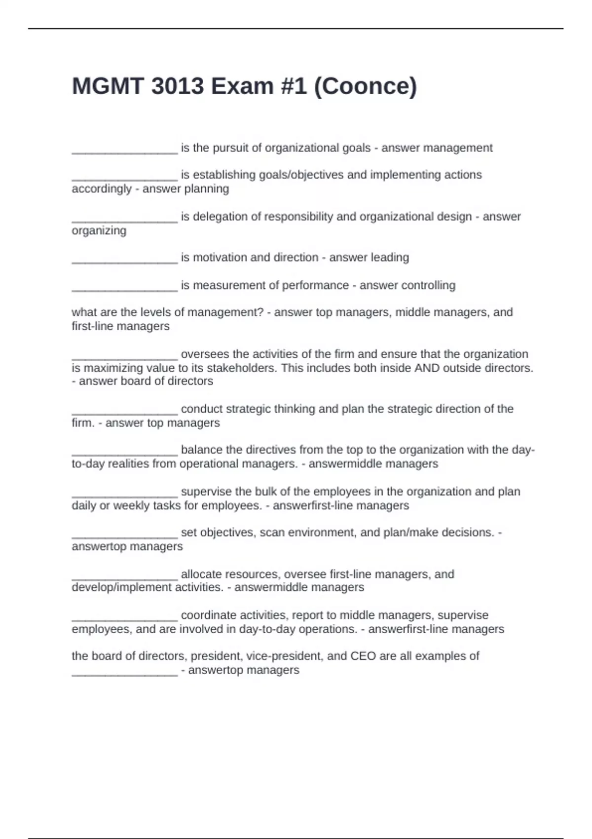 MGMT 3013 Exam -1 (Coonce) Questions and Answers - MGMT 3013 - Stuvia US