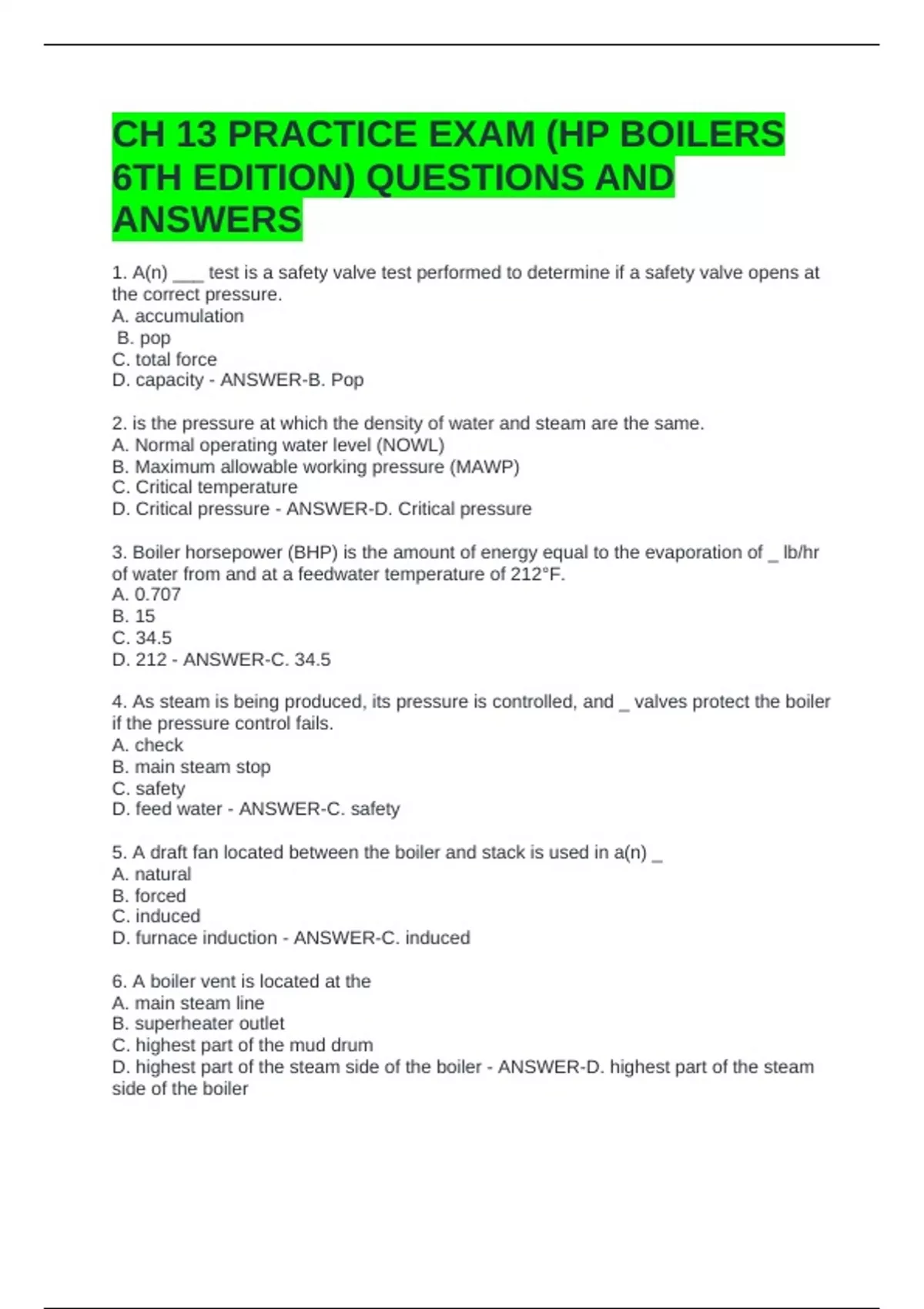 CH 13 PRACTICE EXAM (HP BOILERS 6TH EDITION) QUESTIONS AND ANSWERS ...