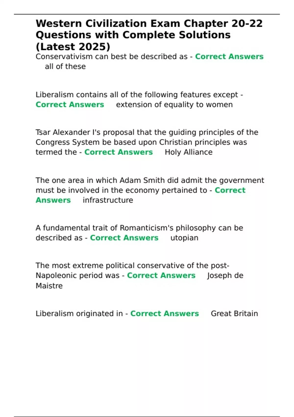 Western Civilization Exam Chapter 20-22 Questions with Complete ...