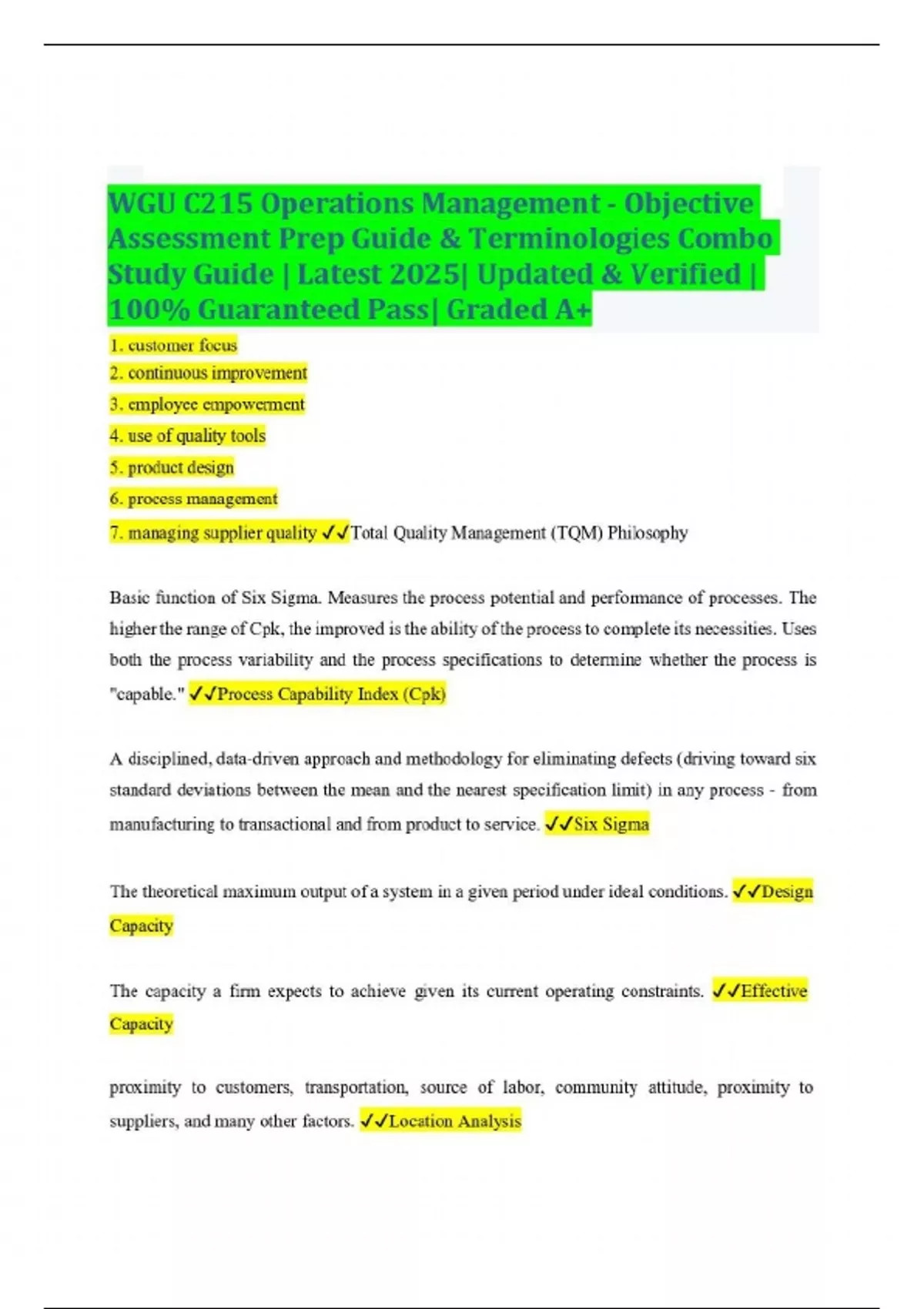 WGU C215 Operations Management - Objective Assessment Prep Guide ...