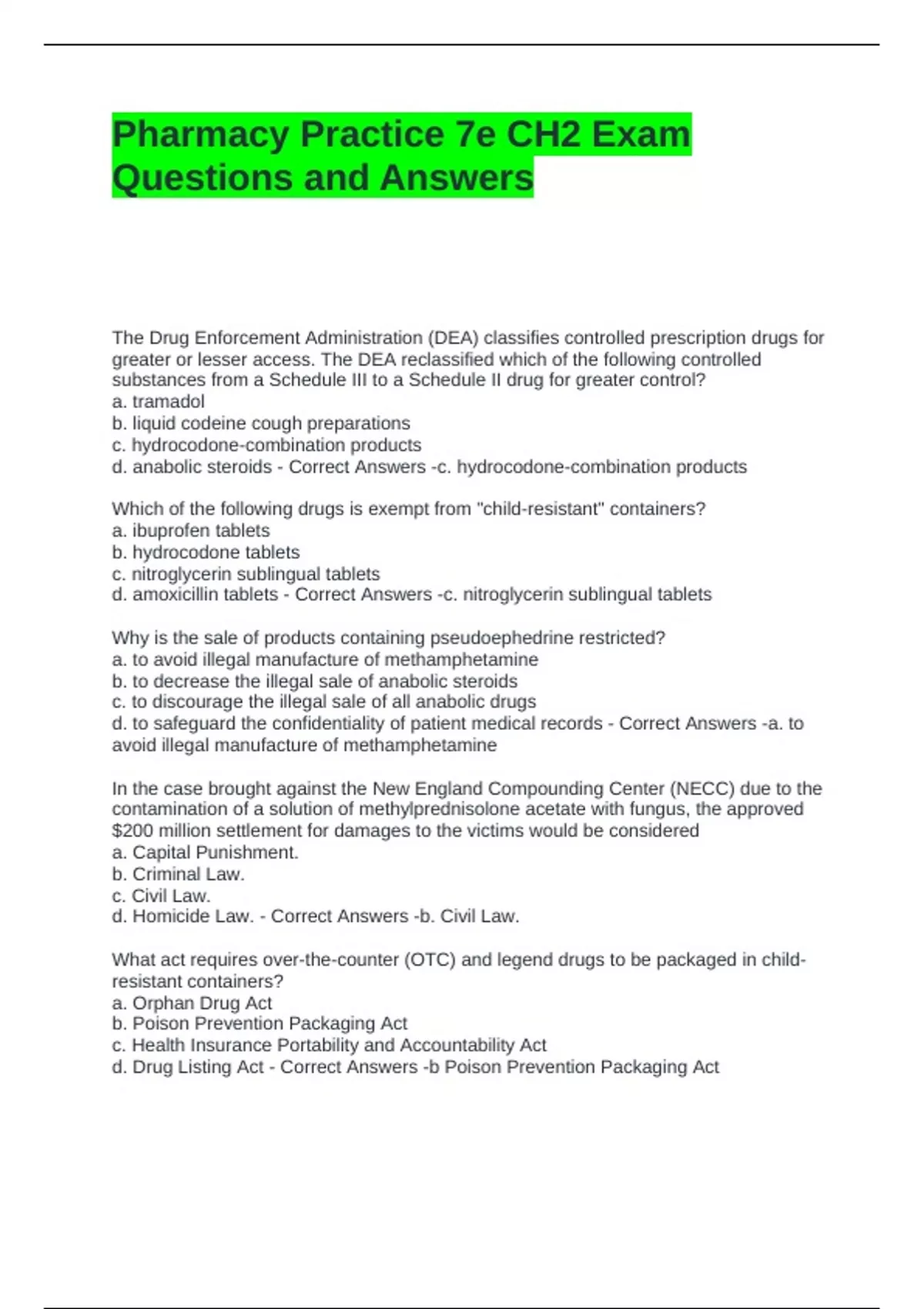 Pharmacy Practice 7e CH2 Exam Questions and Answers (Graded A ...
