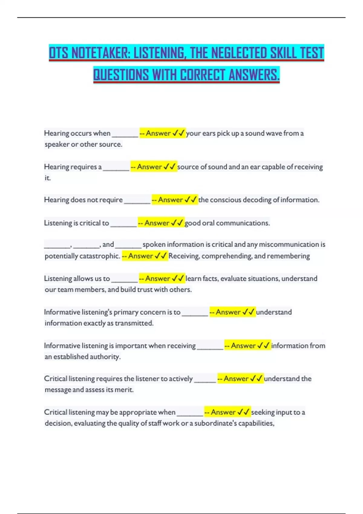 Deep Skill Testing Questions OTS NOTETAKER: LISTENING, THE NEGLECTED SKILL TEST QUESTIONS WITH ...