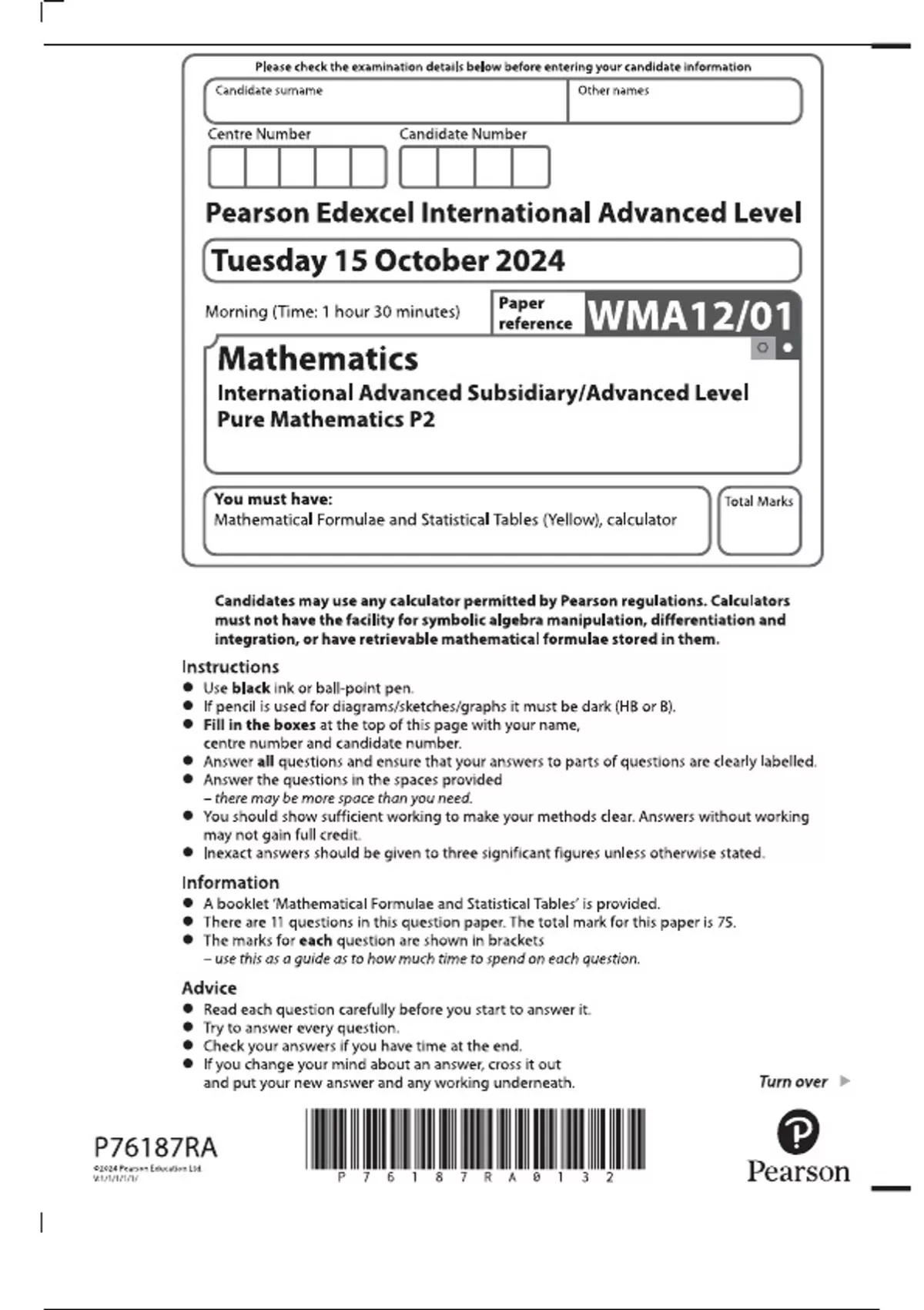 Pearson Edexcel International Advanced Level Pure Mathematics P2 2024 ...