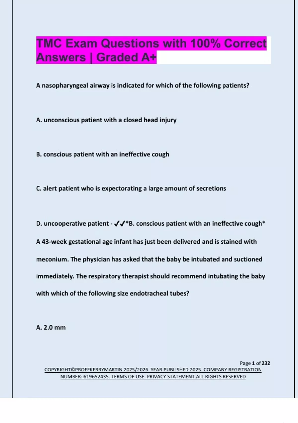TMC Exam Questions with 100% Correct Answers | Graded A+ - TMC - Stuvia US