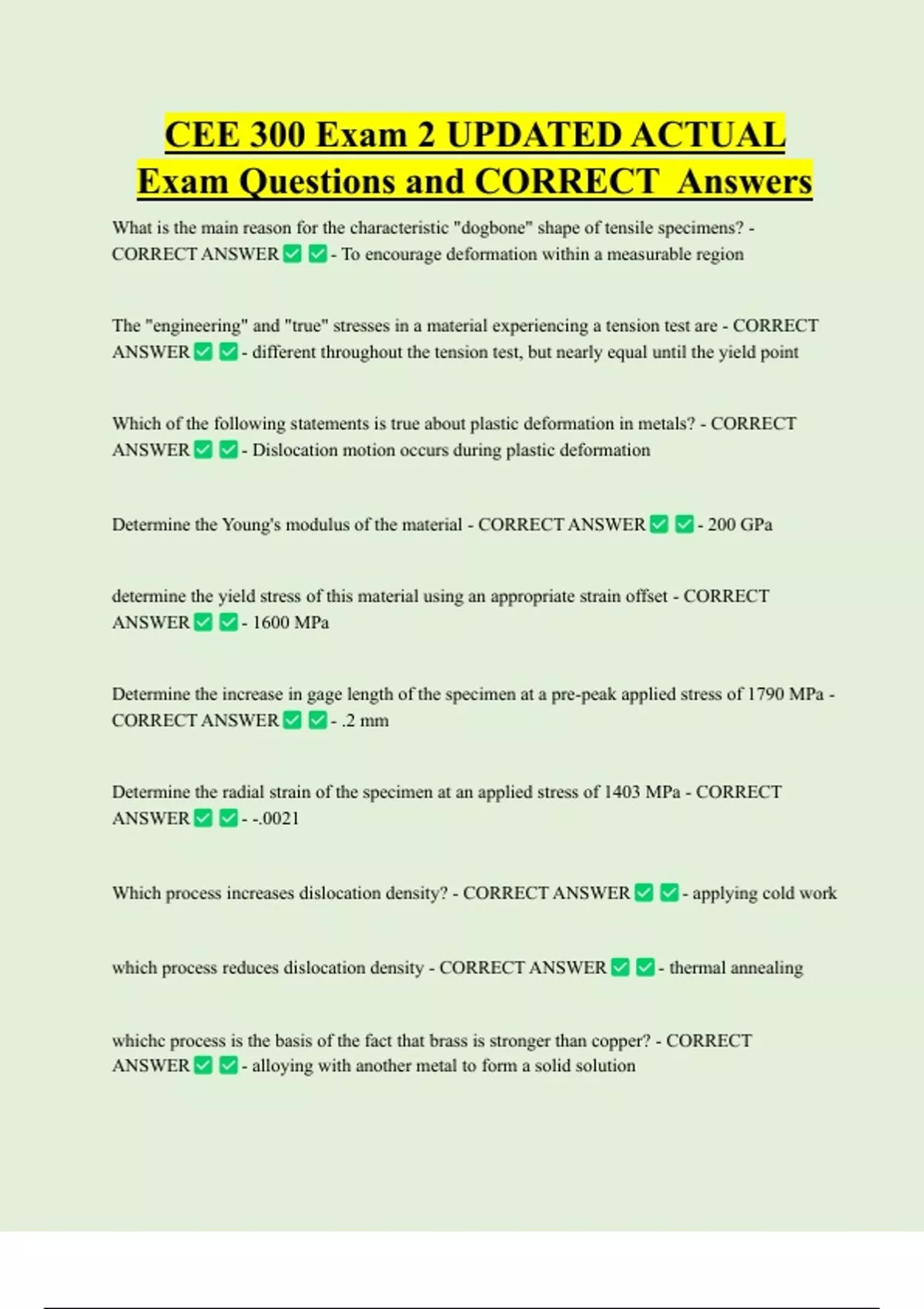 CEE 300 Exam 2 UPDATED ACTUAL Exam Questions and CORRECT Answers - CEE ...