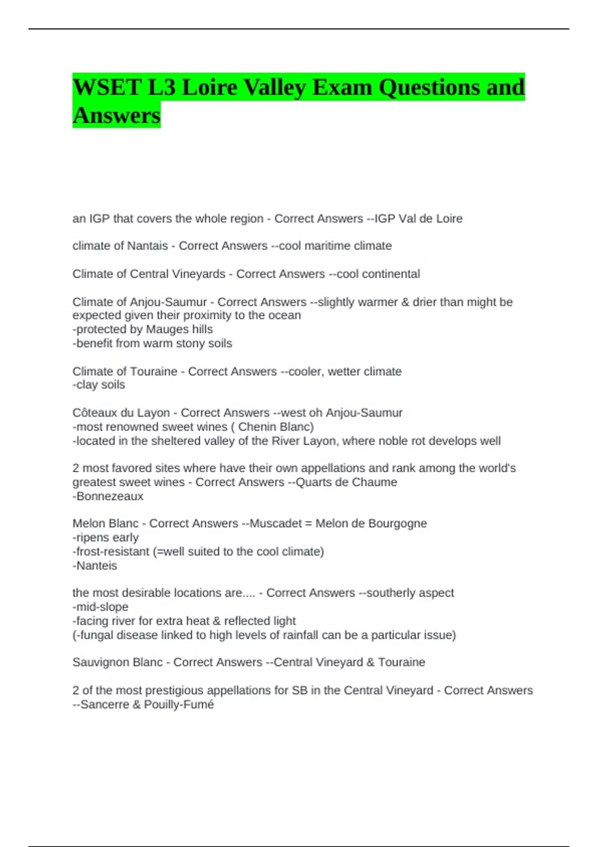 WSET L3 Loire Valley Exam Questions and Answers - WSET level 3 - Stuvia US