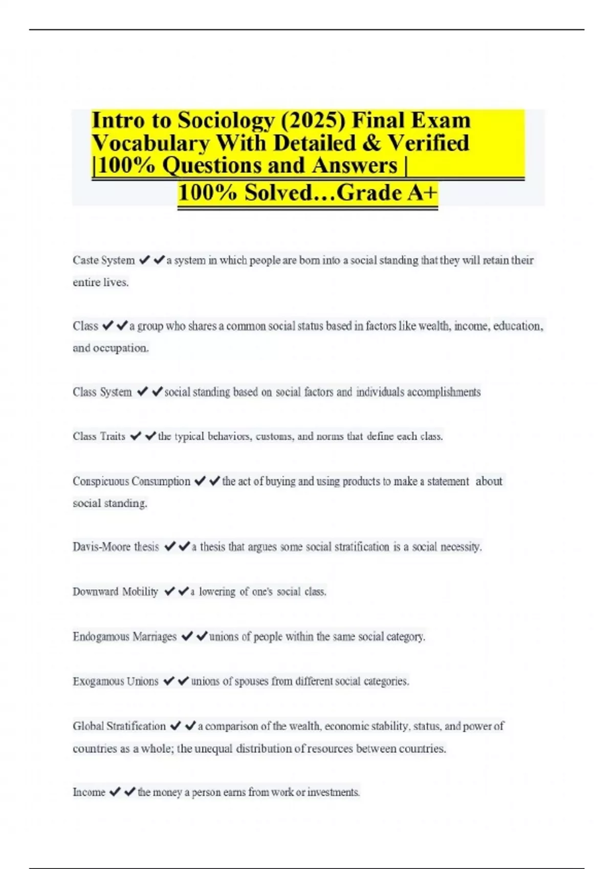 Intro to Sociology (2025) Final Exam Vocabulary With Detailed ...