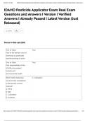IDAHO Pesticide Applicator Exam Real Exam Questions and Answers &vert; Version &vert; Verified Answers &vert; Already Passed &vert; Latest Version &lpar;Just Released&rpar;