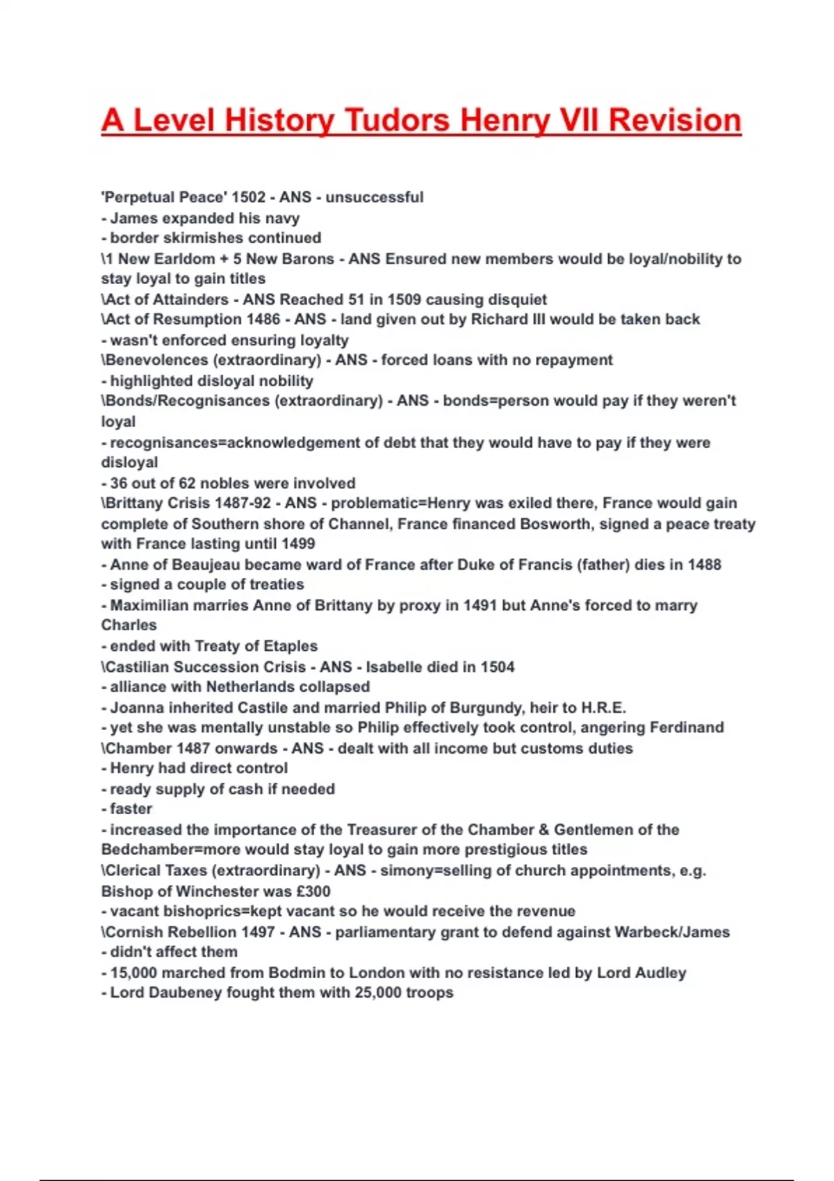 A Level History Tudors Henry VII Revision Exam 2025/2026 Questions With ...