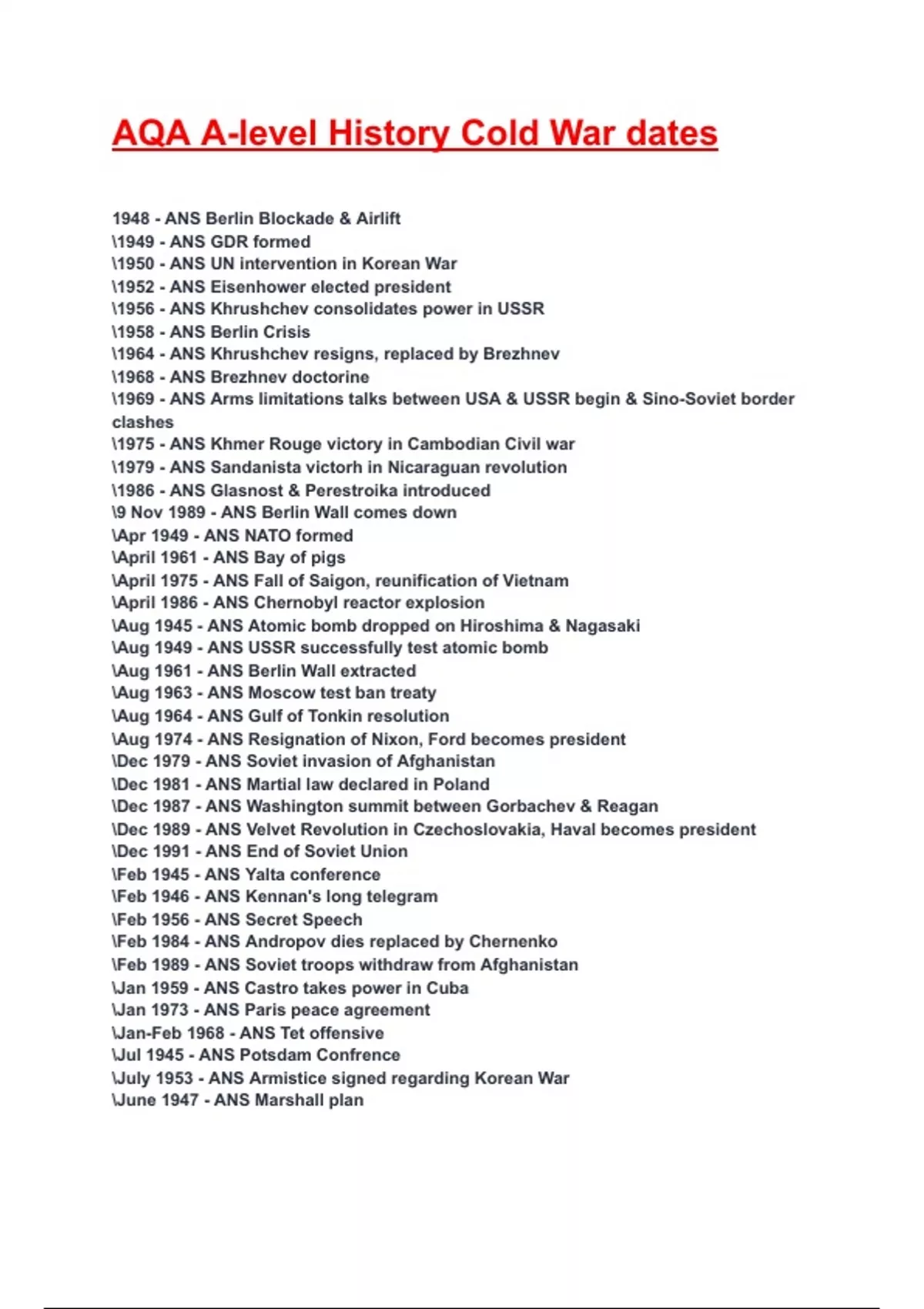 AQA A level History Cold War Dates Exam 2025 2026 Questions With Aqa a level history cold war dates exam 2025 2026 questions with