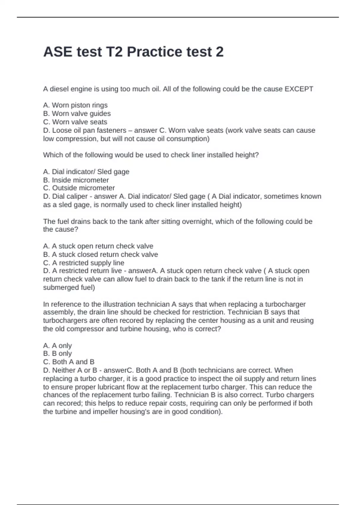 ASE test T2 Practice test 2 Questions and Answers 100% Correct - ASE ...