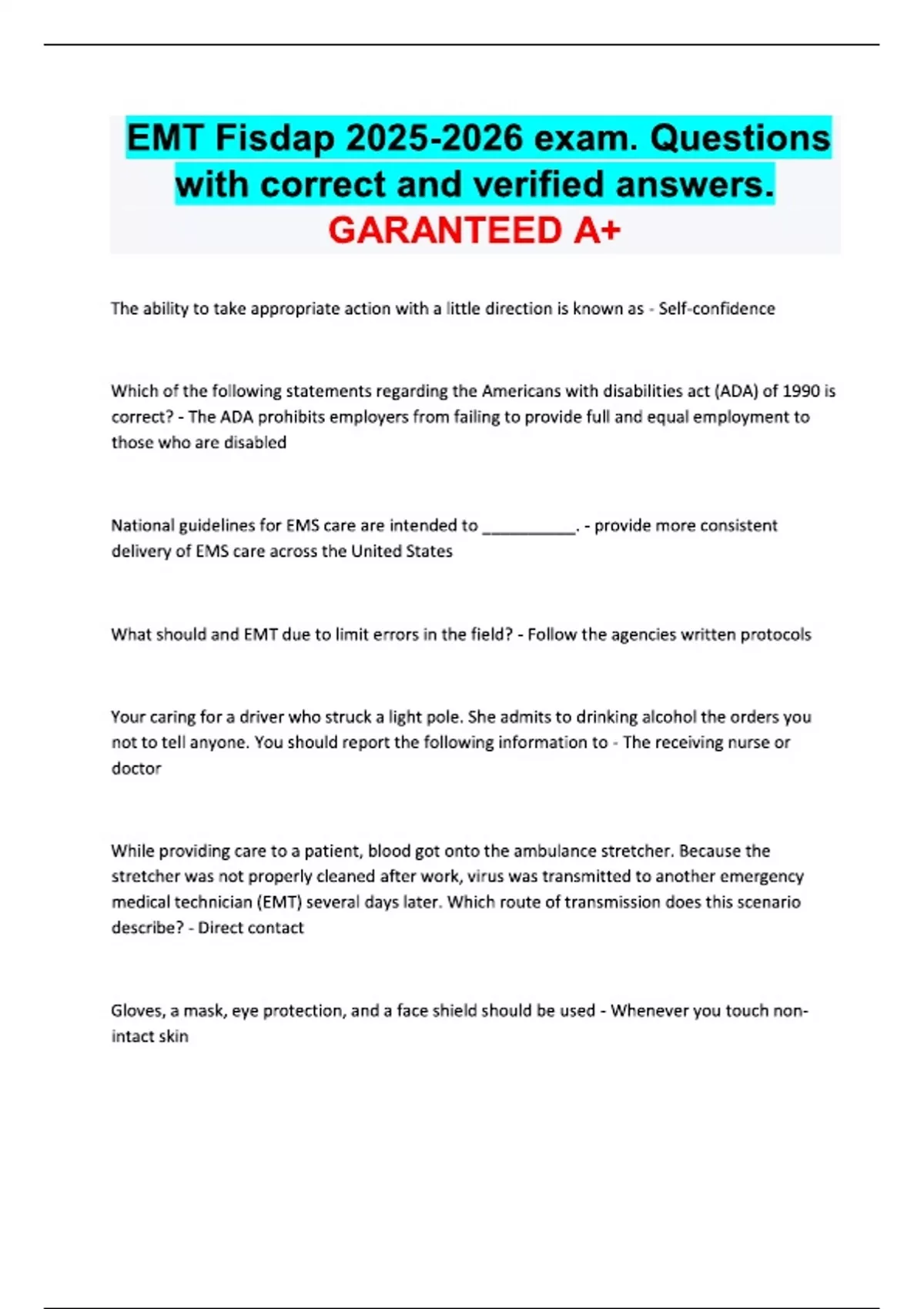 EMT Fisdap exam. Questions with correct and verified answers. GARANTEED ...