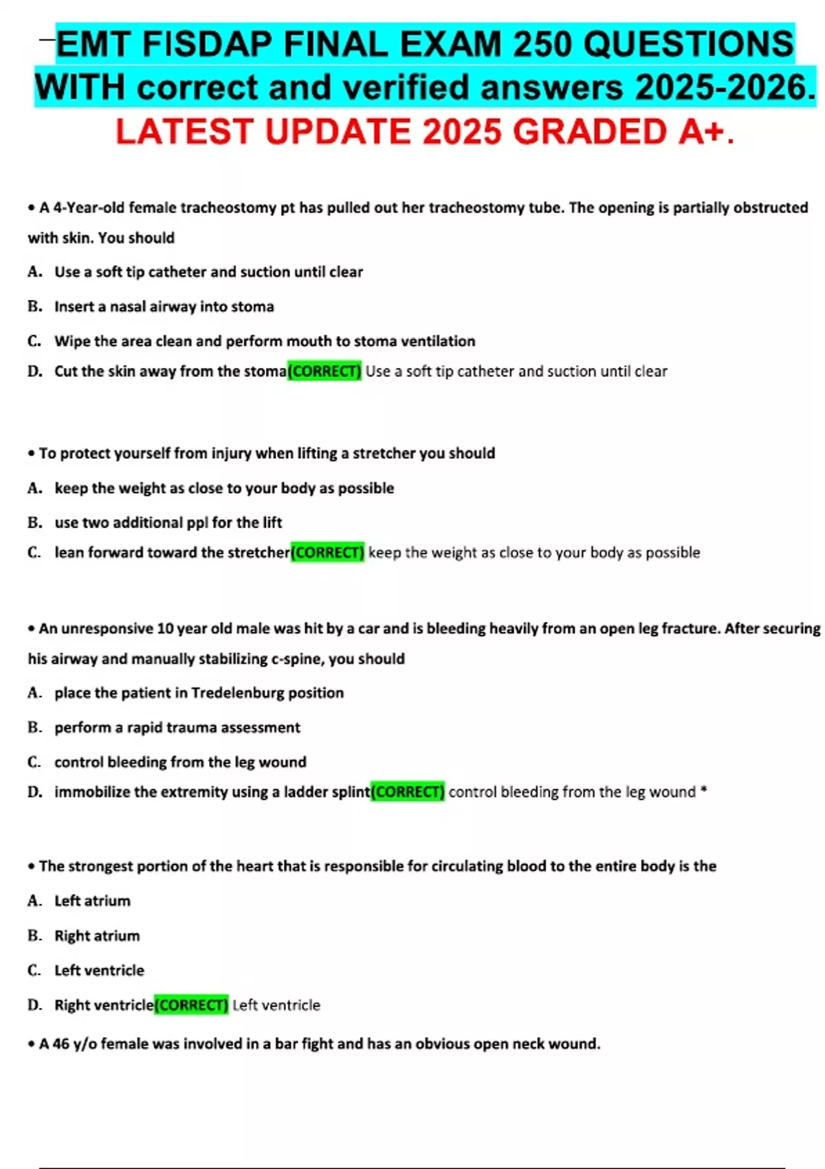 EMT FISDAP FINAL EXAM 250 QUESTIONS WITH correct and verified answers ...