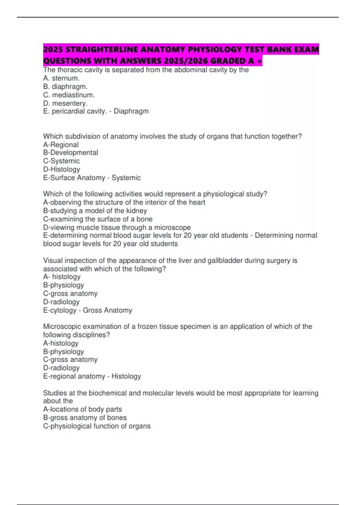2025 STRAIGHTERLINE ANATOMY PHYSIOLOGY TEST BANK EXAM QUESTIONS WITH ...