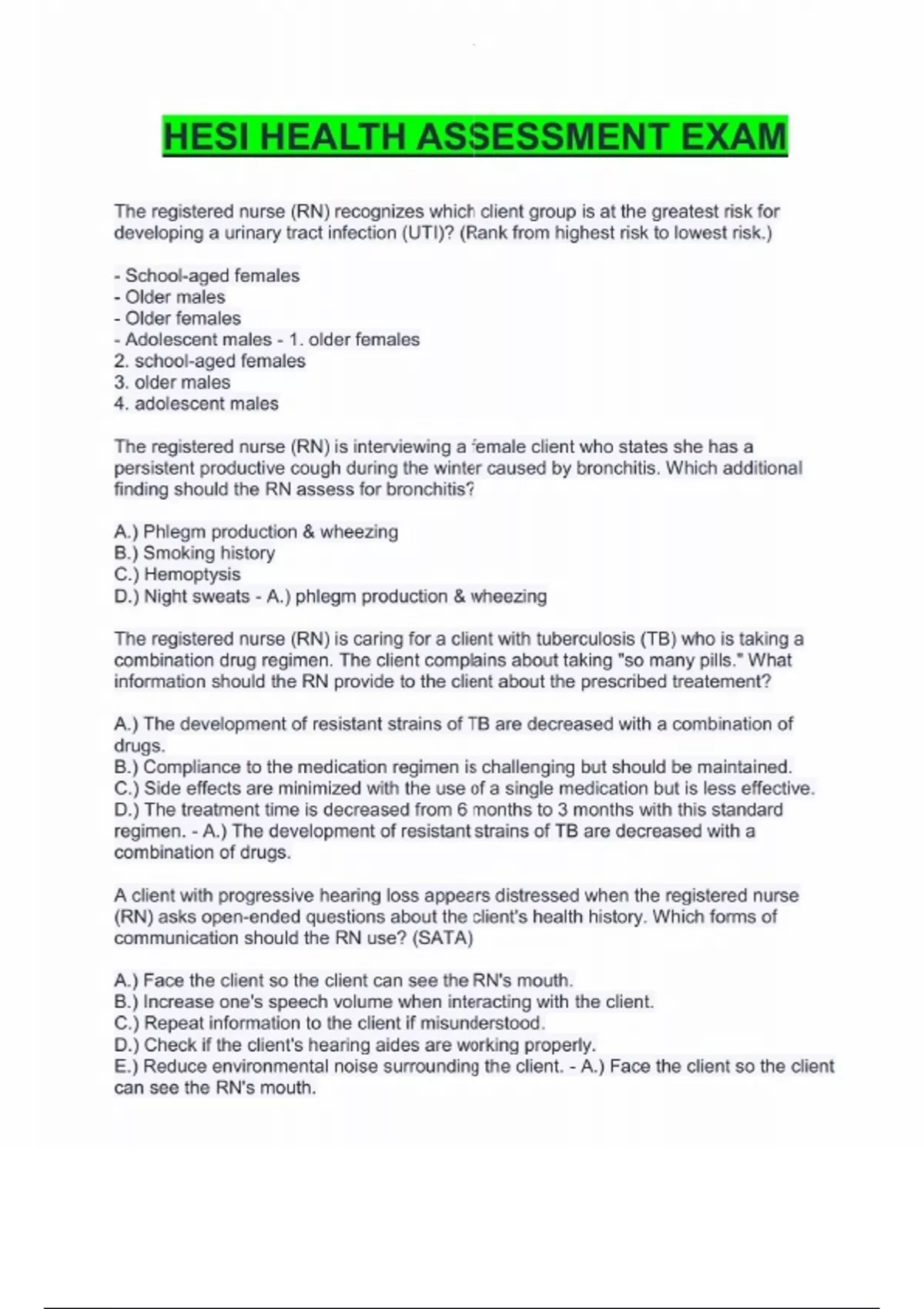 HESI HEALTH ASSESSMENT EXAM study guide - HESI - Stuvia US